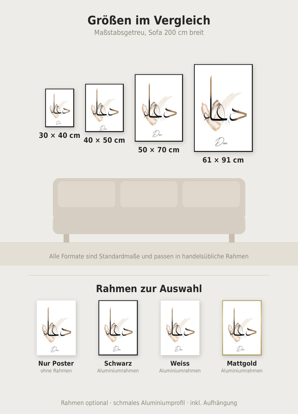 Dua Poster im Größenvergleich von 30x40 bis 61x91 cm über einem Sofa, dazu die Rahmenfarben