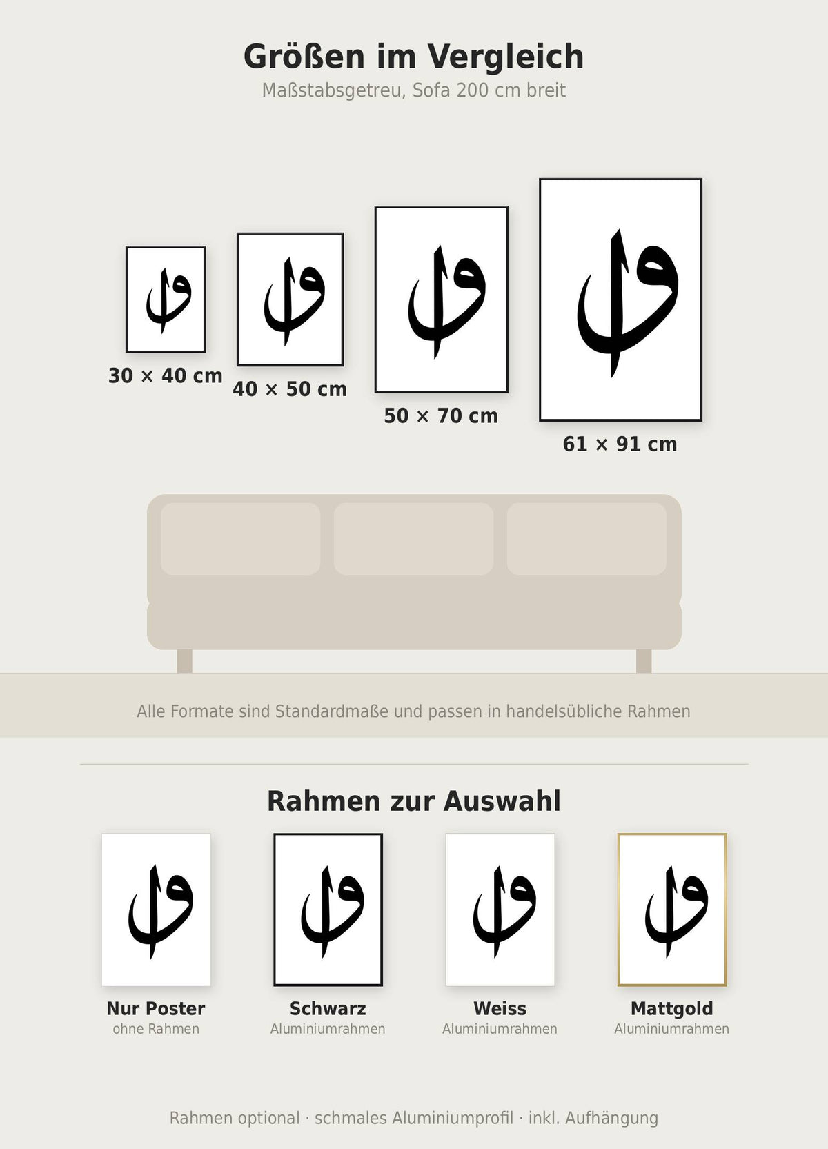 Elif Vav Poster im Größenvergleich von 30x40 bis 61x91 cm über einem Sofa, dazu die Rahmenfarben