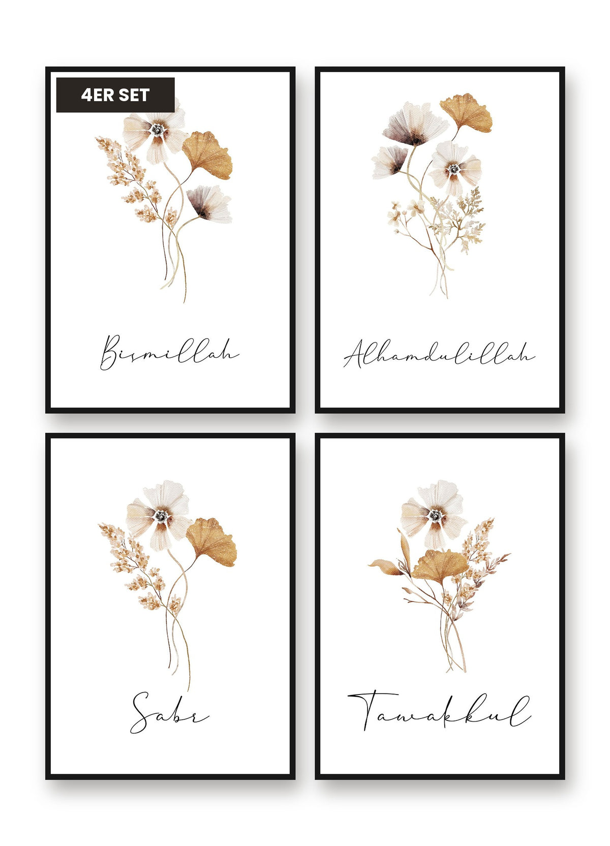 Flower Kollektion 4er Set: Bismillah Flower, Alhamdulillah Flower, Sabr Flower, Tawakkul Flower als 4er Poster-Set im schwarzen Aluminiumrahmen
