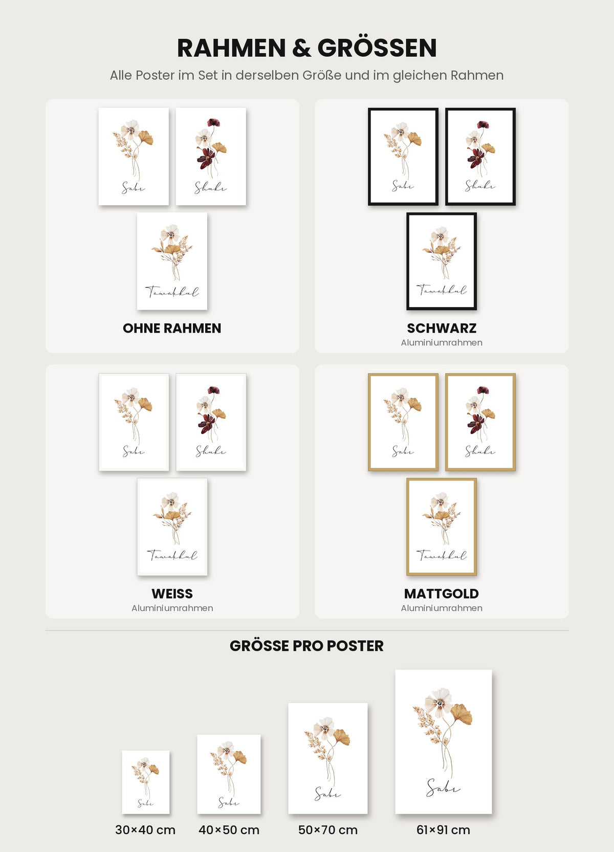 Flower Trio Set in den Rahmenvarianten ohne Rahmen, Schwarz, Weiss und Mattgold mit Größenvergleich 30x40 bis 61x91 cm