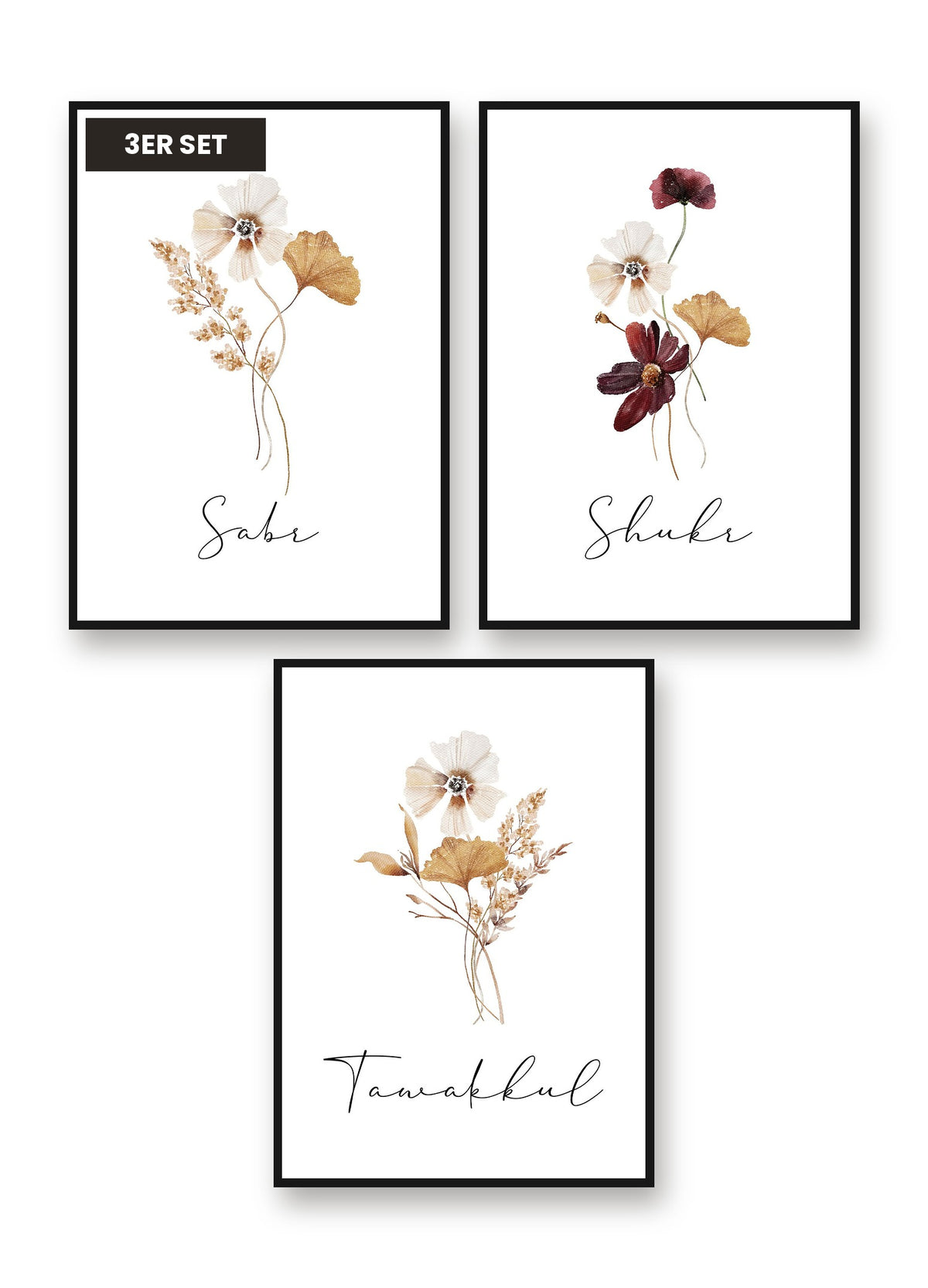 Flower Trio Set: Sabr Flower, Shukr Flower, Tawakkul Flower als 3er Poster-Set im schwarzen Aluminiumrahmen