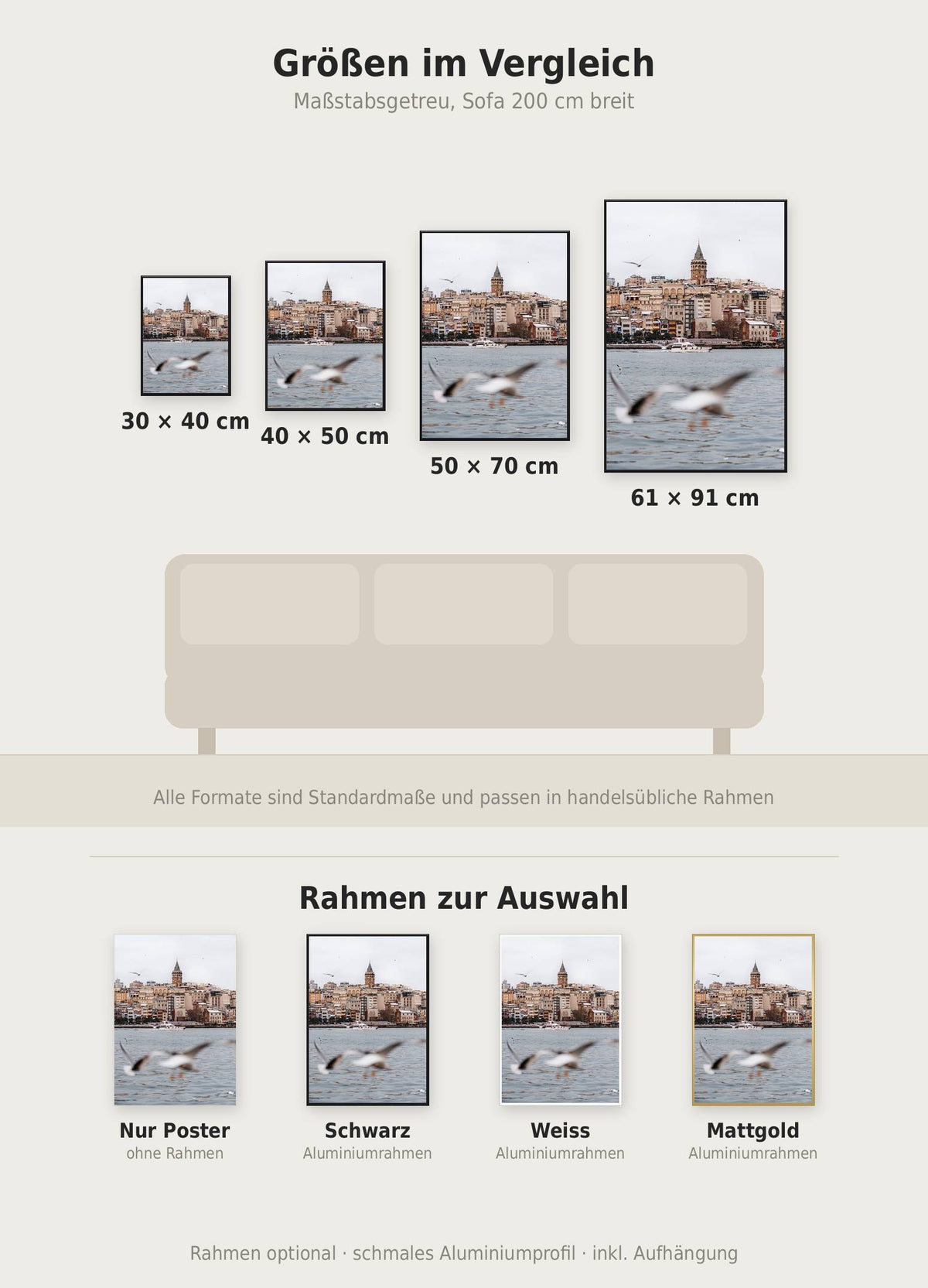 Galataturm Poster im Größenvergleich von 30x40 bis 61x91 cm über einem Sofa, dazu die Rahmenfarben