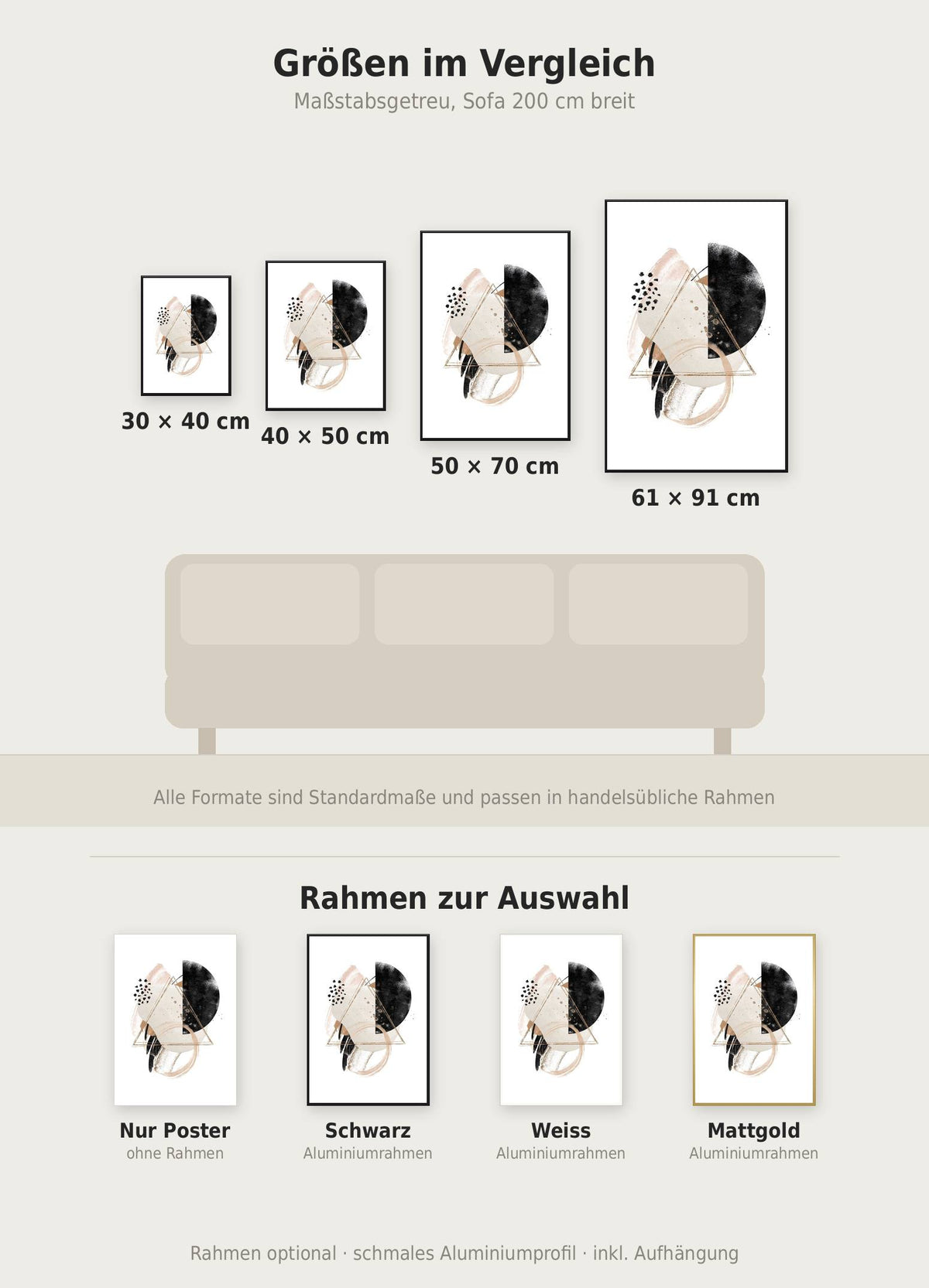 Geomi Poster im Größenvergleich von 30x40 bis 61x91 cm über einem Sofa, dazu die Rahmenfarben