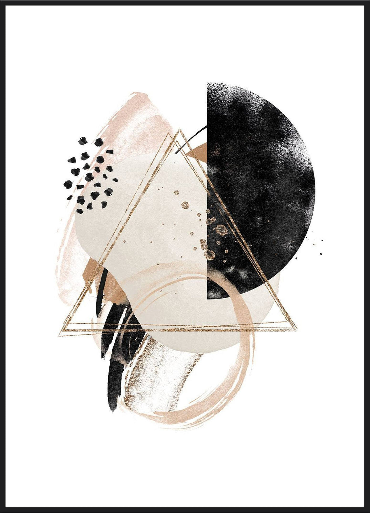 Geomi Poster – abstrakte Collage aus Kreisen, Dreiecken und Pinselstrichen in Beige und Schwarz