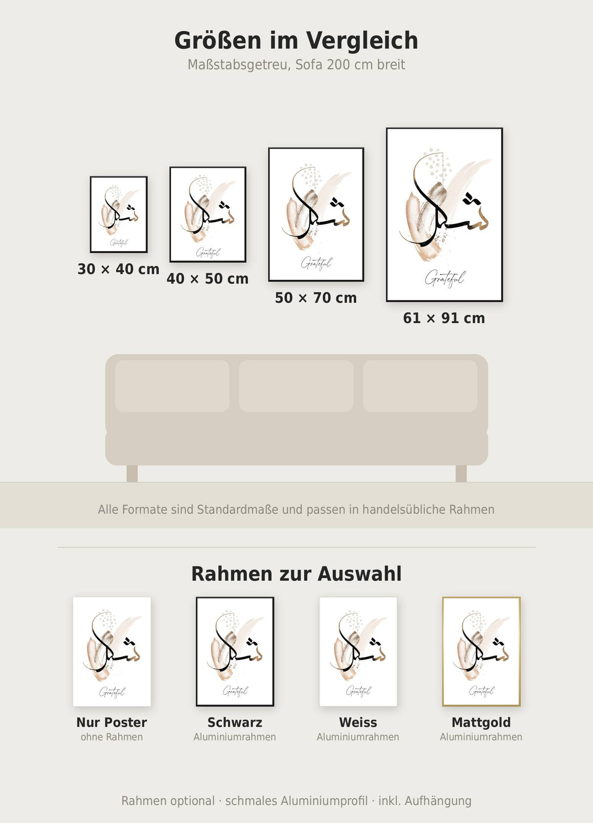 Grateful Poster im Größenvergleich von 30x40 bis 61x91 cm über einem Sofa, dazu die Rahmenfarben