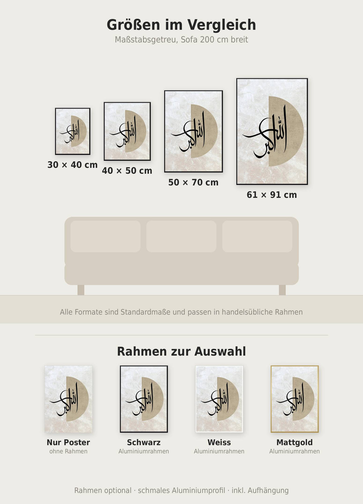 Great Allah Poster im Größenvergleich von 30x40 bis 61x91 cm über einem Sofa, dazu die Rahmenfarben