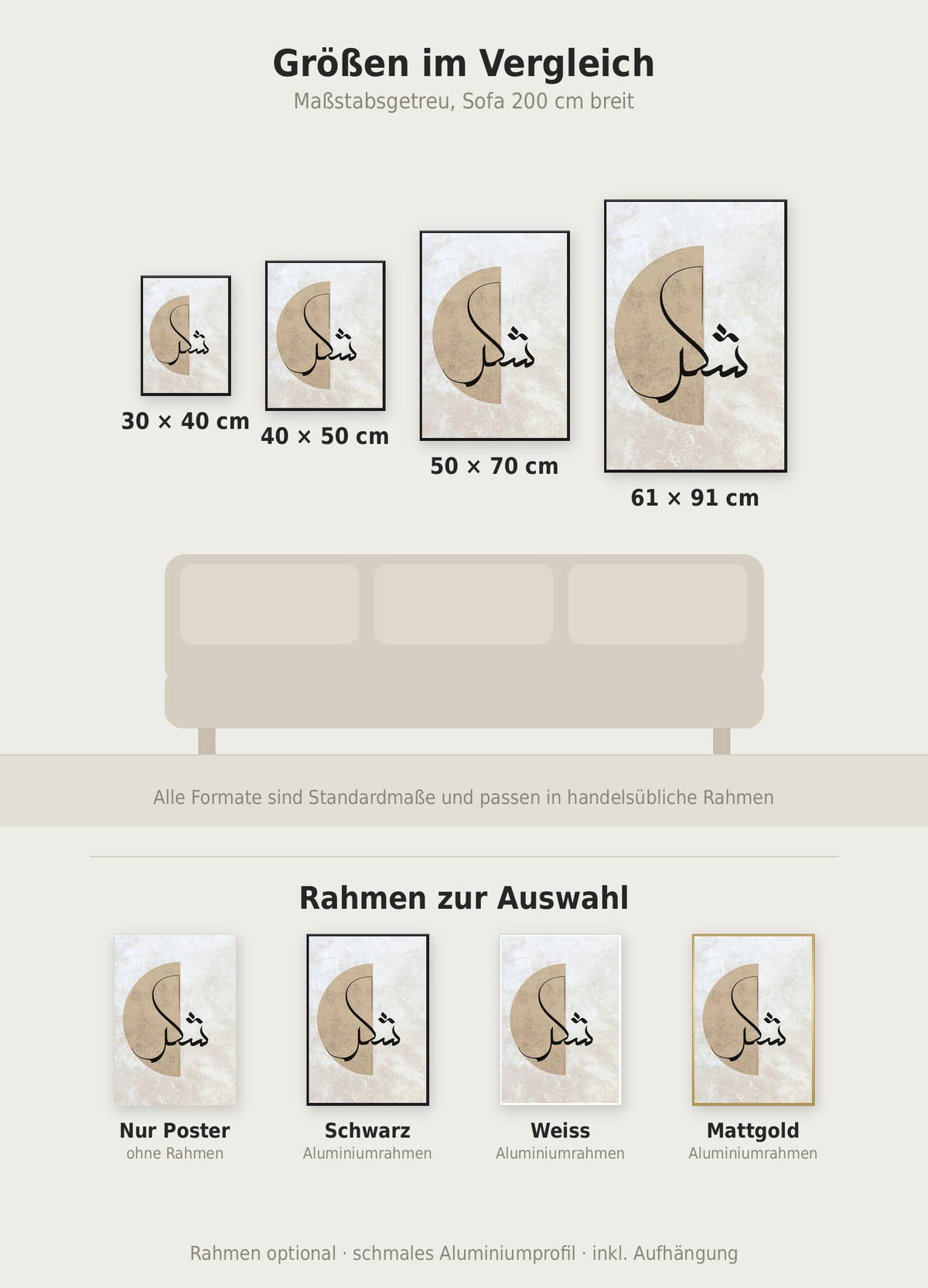 Great Shukr Poster im Größenvergleich von 30x40 bis 61x91 cm über einem Sofa, dazu die Rahmenfarben