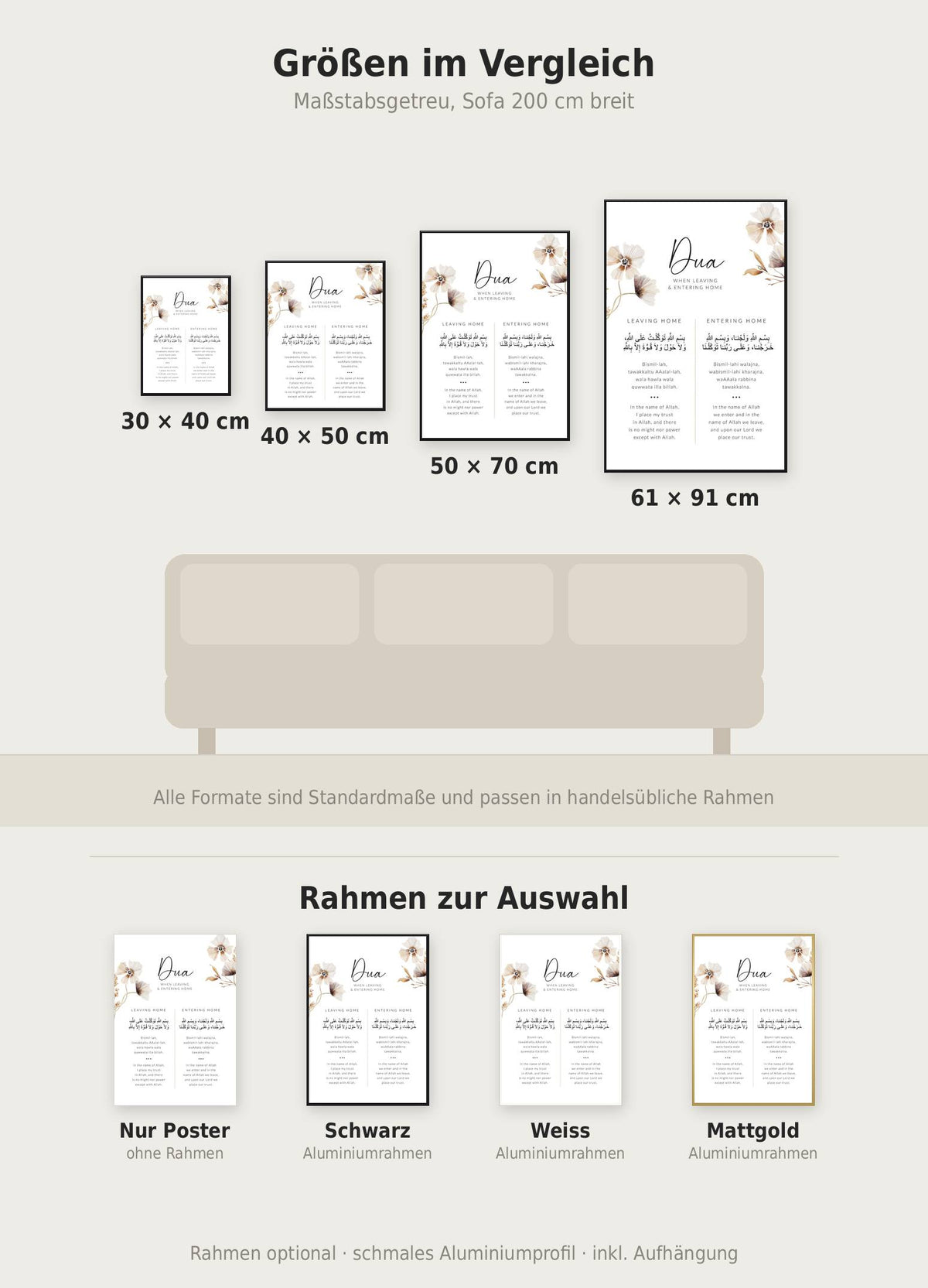 Home Dua Poster im Größenvergleich von 30x40 bis 61x91 cm über einem Sofa, dazu die Rahmenfarben