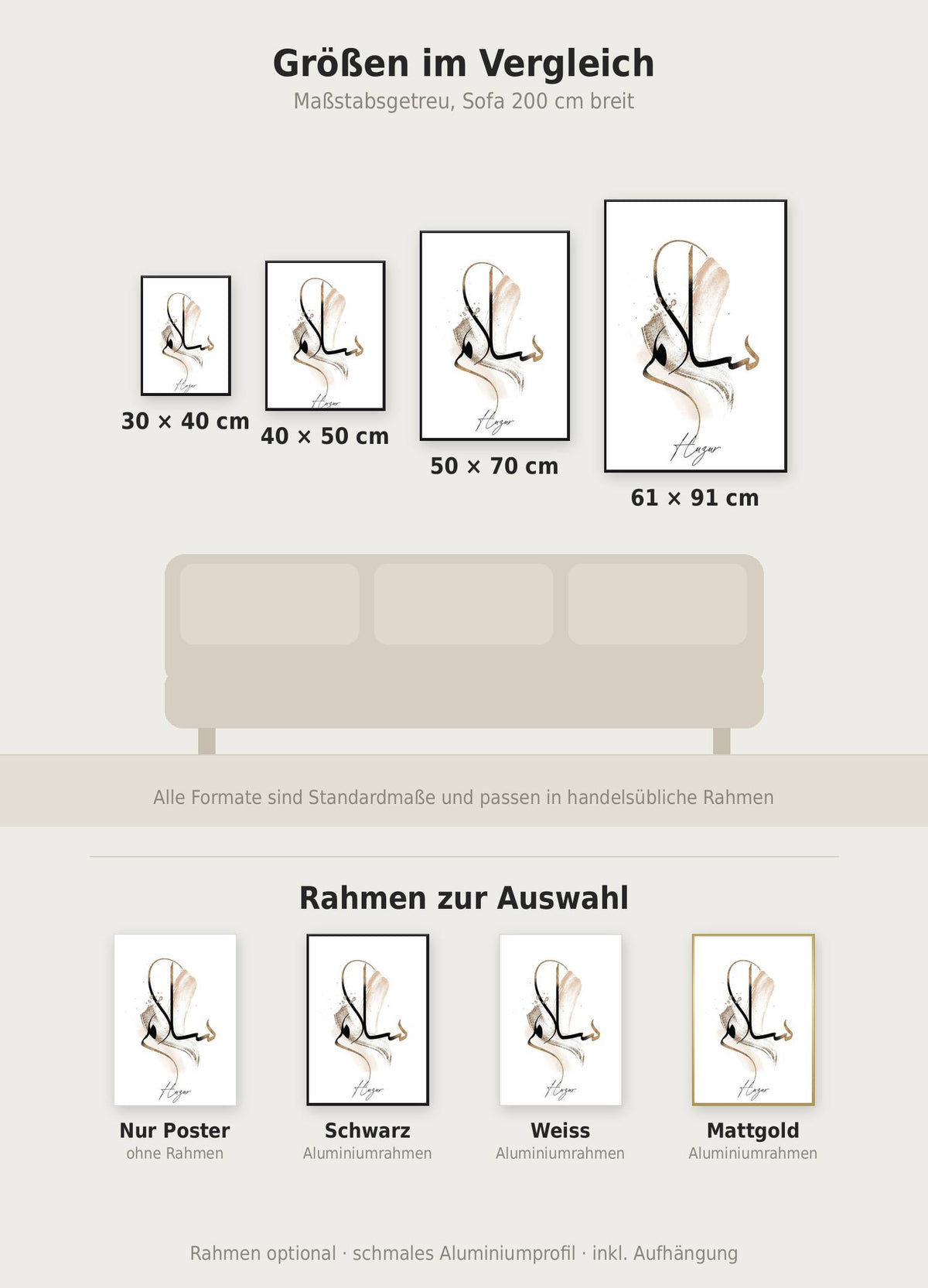 Huzur Poster im Größenvergleich von 30x40 bis 61x91 cm über einem Sofa, dazu die Rahmenfarben