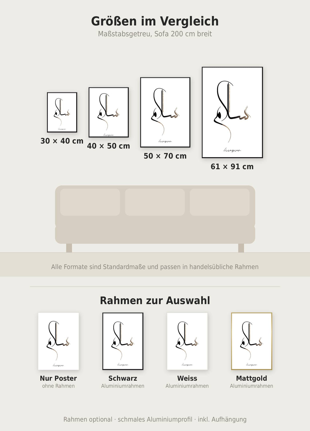 Huzur Line Poster im Größenvergleich von 30x40 bis 61x91 cm über einem Sofa, dazu die Rahmenfarben