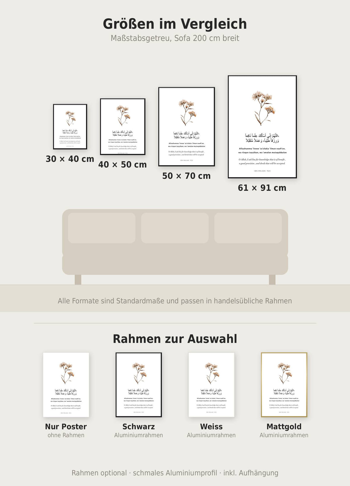 Ibn Majah Poster im Größenvergleich von 30x40 bis 61x91 cm über einem Sofa, dazu die Rahmenfarben