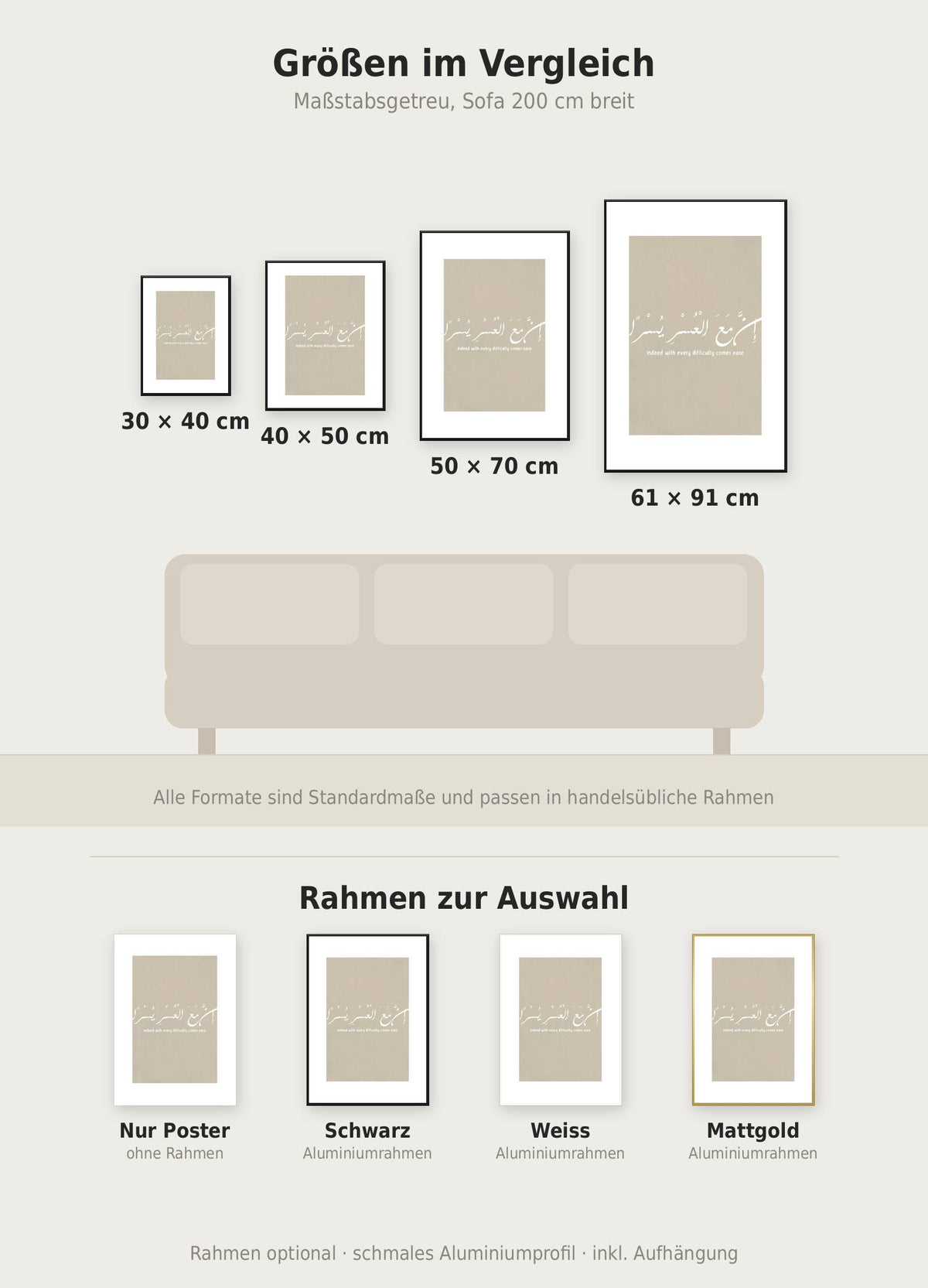 Indeed Poster im Größenvergleich von 30x40 bis 61x91 cm über einem Sofa, dazu die Rahmenfarben