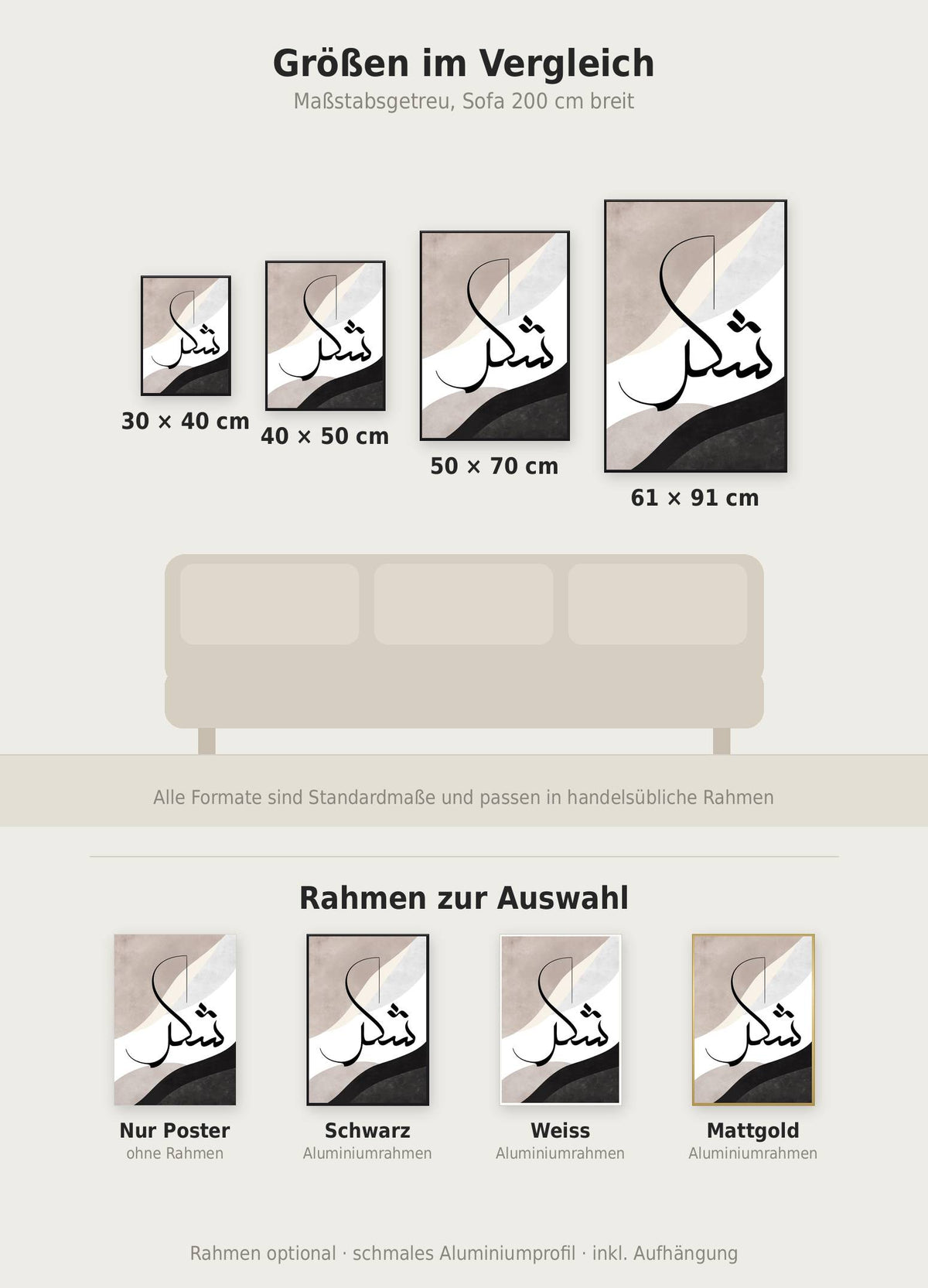 Infinity Line No1 Poster im Größenvergleich von 30x40 bis 61x91 cm über einem Sofa, dazu die Rahmenfarben