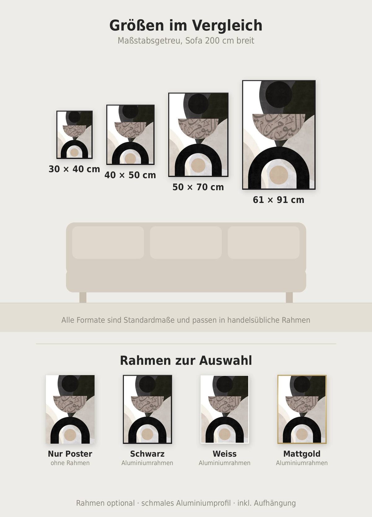 Infinity Line No2 Poster im Größenvergleich von 30x40 bis 61x91 cm über einem Sofa, dazu die Rahmenfarben