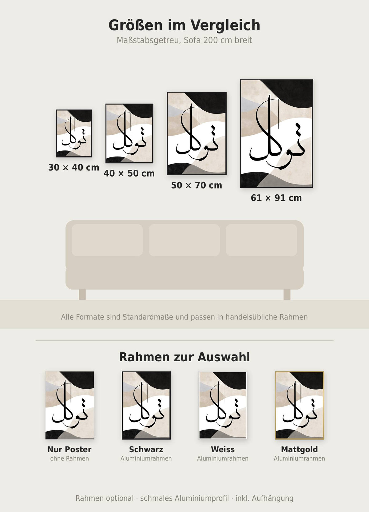 Infinity Line No3 Poster im Größenvergleich von 30x40 bis 61x91 cm über einem Sofa, dazu die Rahmenfarben