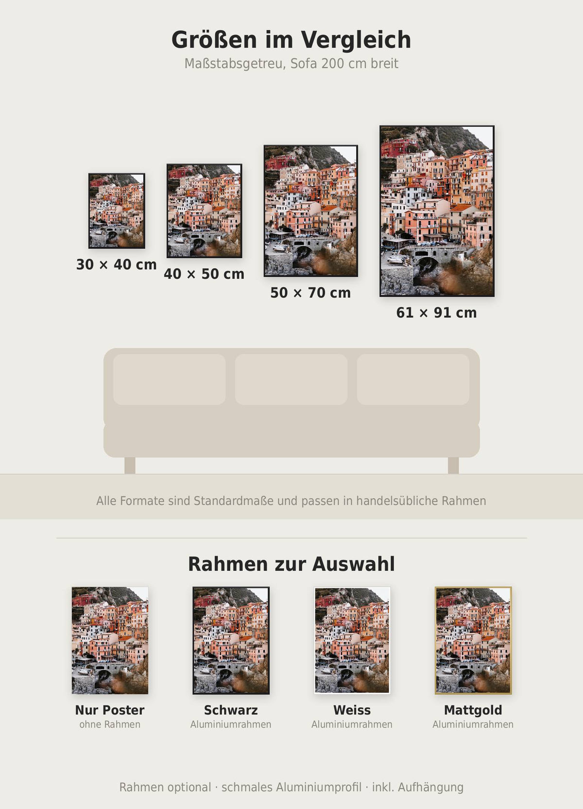 Manarola Poster im Größenvergleich von 30x40 bis 61x91 cm über einem Sofa, dazu die Rahmenfarben