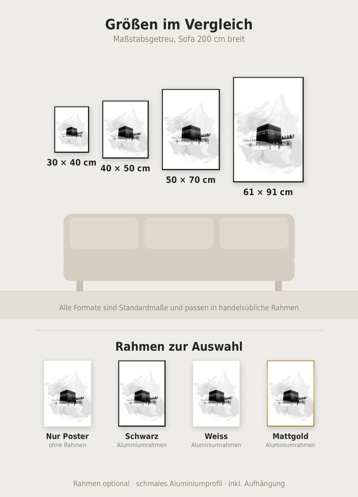 Kaaba Poster im Größenvergleich von 30x40 bis 61x91 cm über einem Sofa, dazu die Rahmenfarben