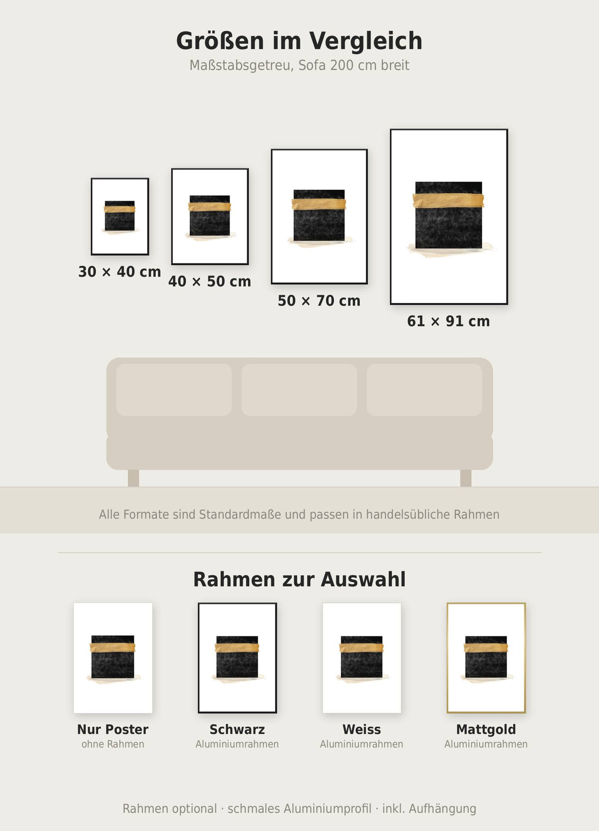 Kaaba Minimal Poster im Größenvergleich von 30x40 bis 61x91 cm über einem Sofa, dazu die Rahmenfarben