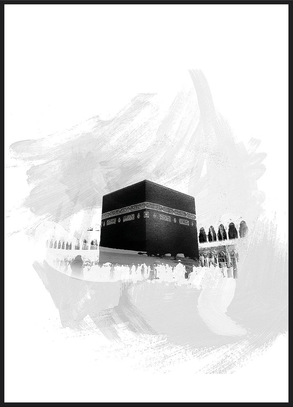 Kaaba Poster – Kaaba mit Pilgern in Schwarz-Weiß auf weißem Pinselstrich