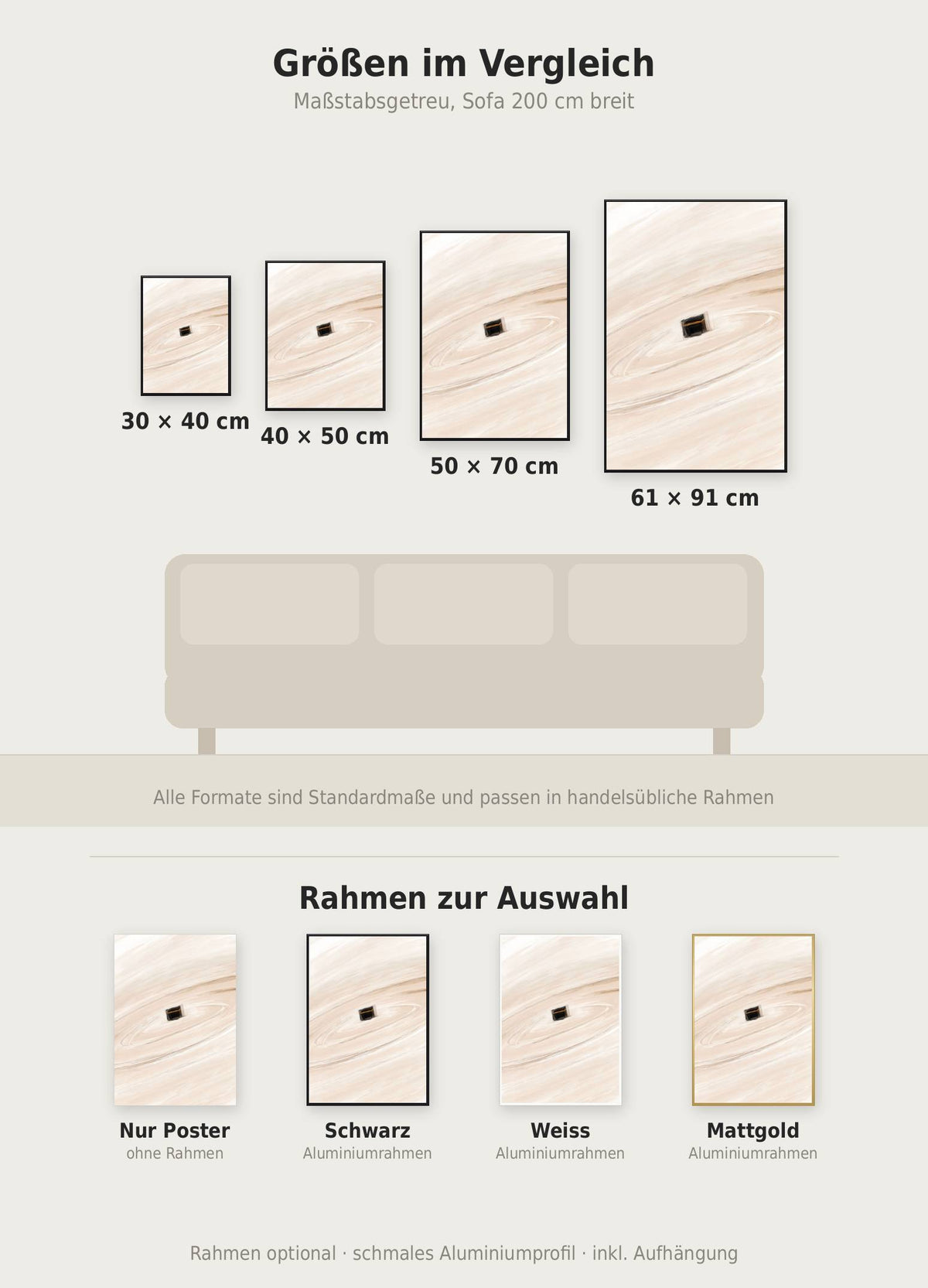 Kaaba Rotation Poster im Größenvergleich von 30x40 bis 61x91 cm über einem Sofa, dazu die Rahmenfarben