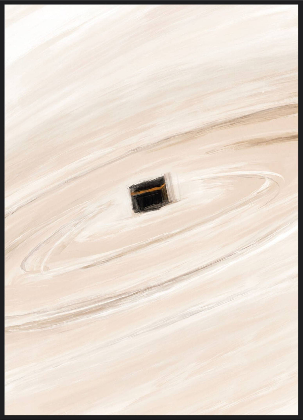 Kaaba Rotation Poster – Kaaba im Zentrum kreisender Pinselstriche in Beigetönen