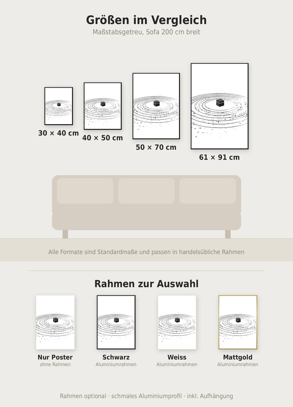 Kaaba Round Poster im Größenvergleich von 30x40 bis 61x91 cm über einem Sofa, dazu die Rahmenfarben