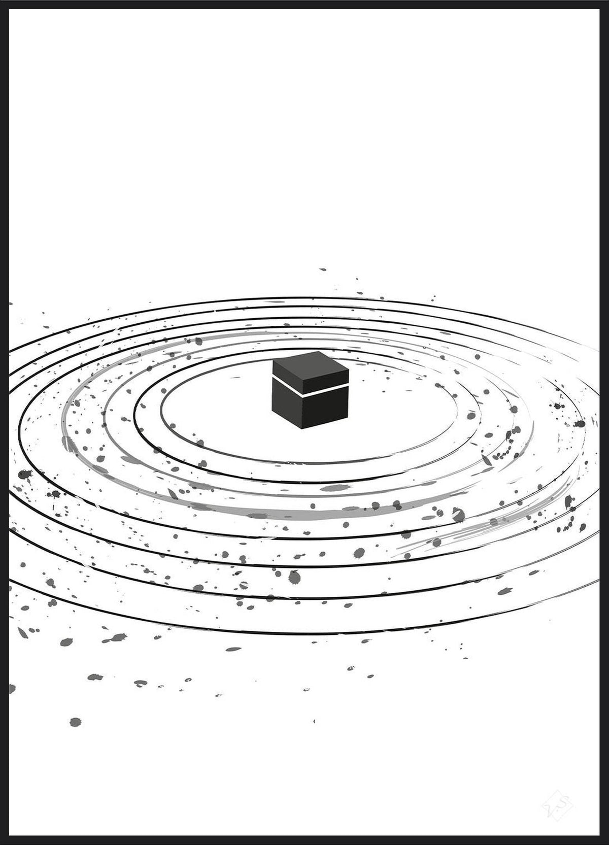 Kaaba Round Poster – Kaaba umgeben von konzentrischen Kreisen in feinen Linien auf Weiß