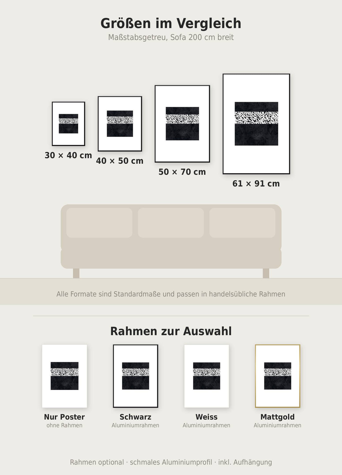 Kaaba Silhouette Poster im Größenvergleich von 30x40 bis 61x91 cm über einem Sofa, dazu die Rahmenfarben