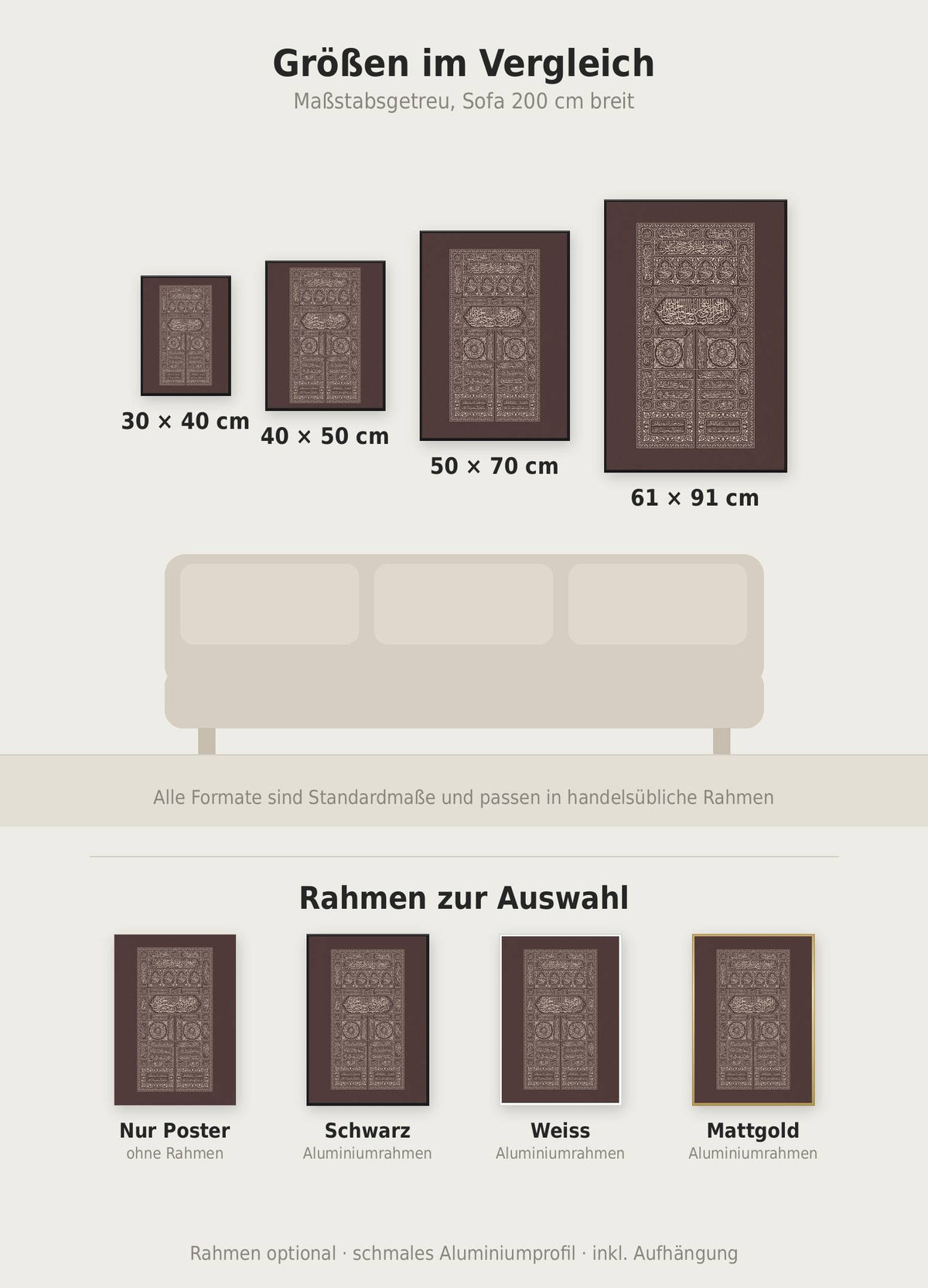 Kaaba Tür Poster im Größenvergleich von 30x40 bis 61x91 cm über einem Sofa, dazu die Rahmenfarben