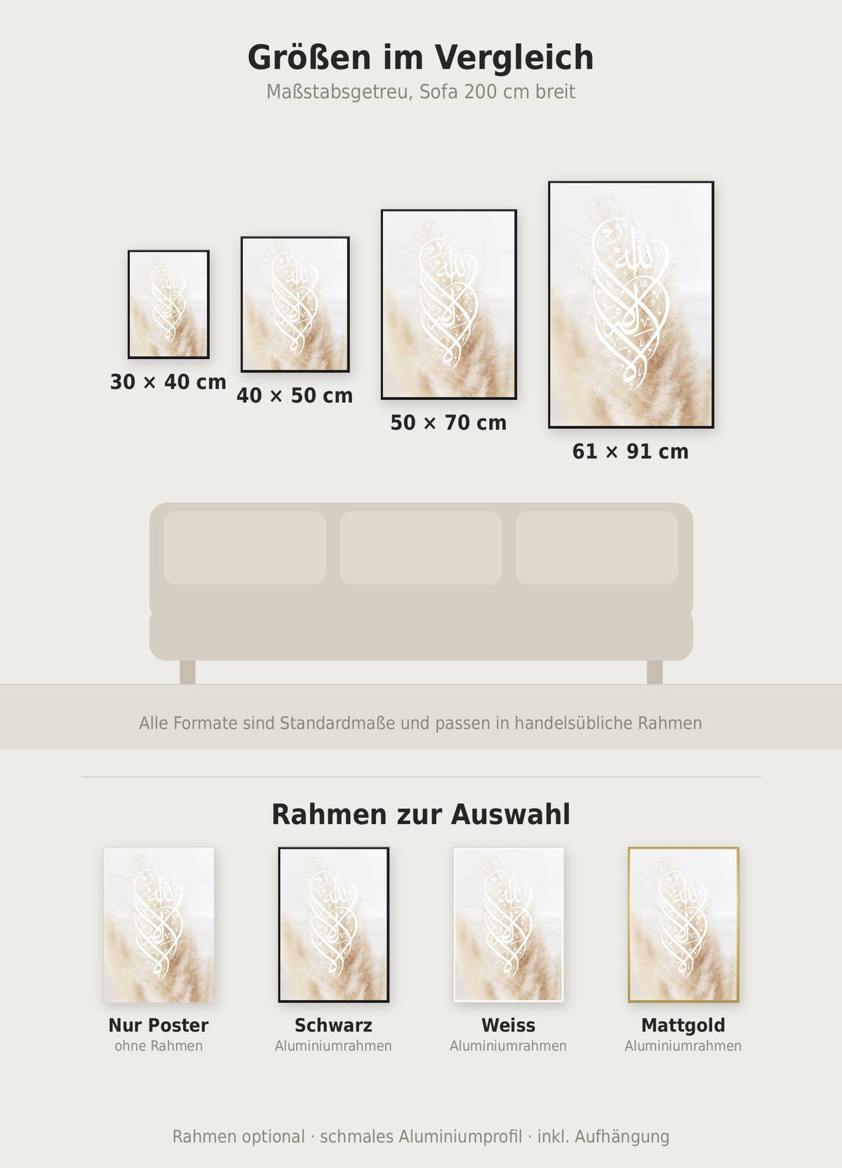 La ilaha illallah Poster im Größenvergleich von 30x40 bis 61x91 cm über einem Sofa, dazu die Rahmenfarben