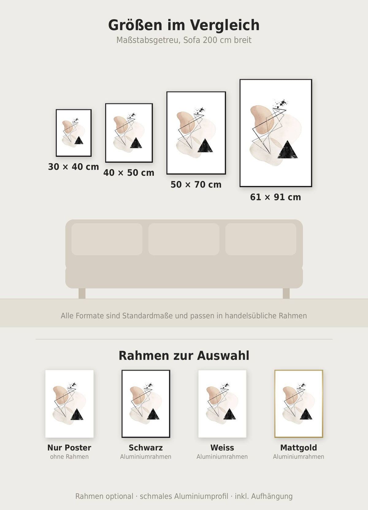 Lines Poster im Größenvergleich von 30x40 bis 61x91 cm über einem Sofa, dazu die Rahmenfarben