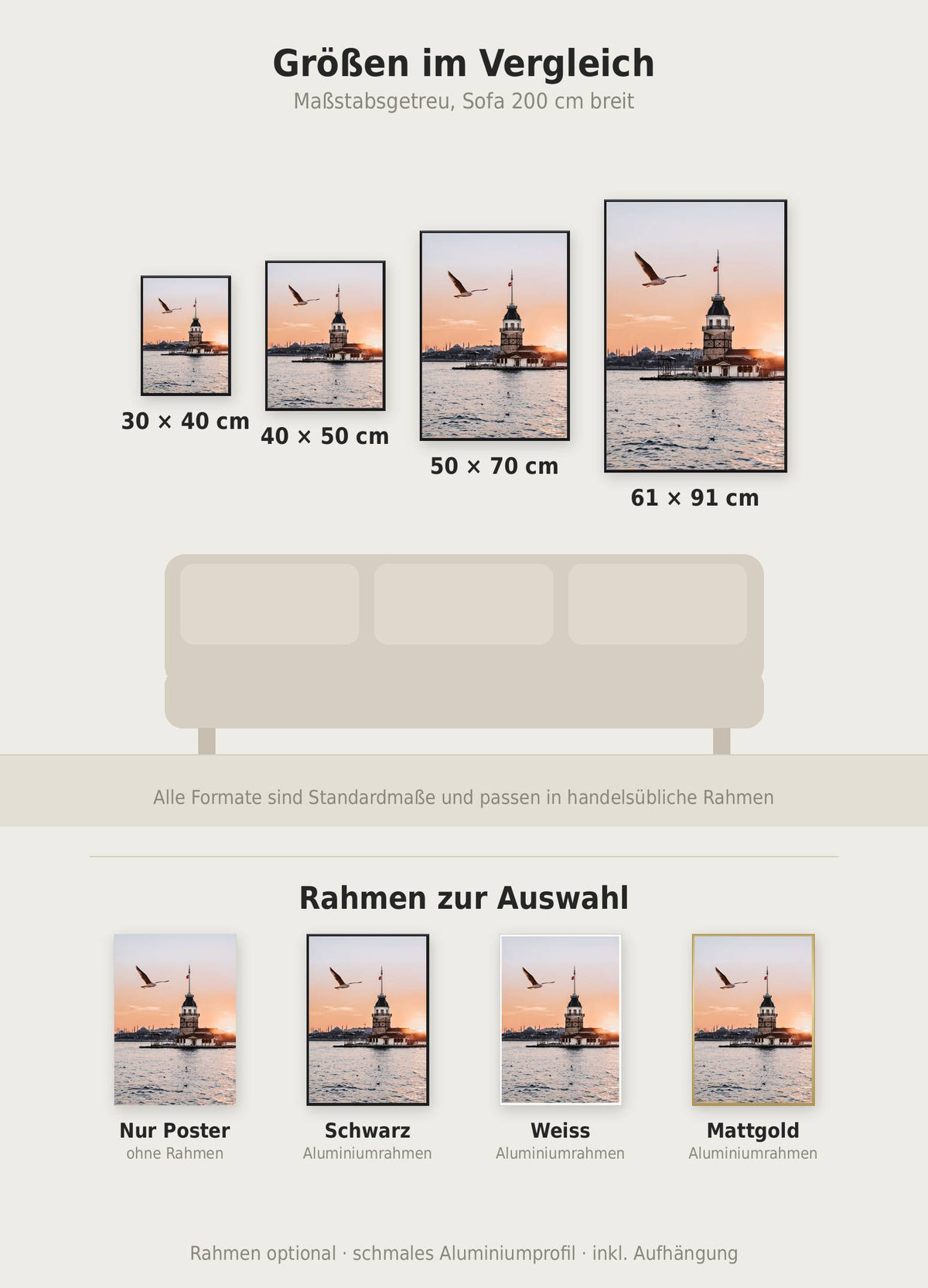 Mädchenturm Poster im Größenvergleich von 30x40 bis 61x91 cm über einem Sofa, dazu die Rahmenfarben