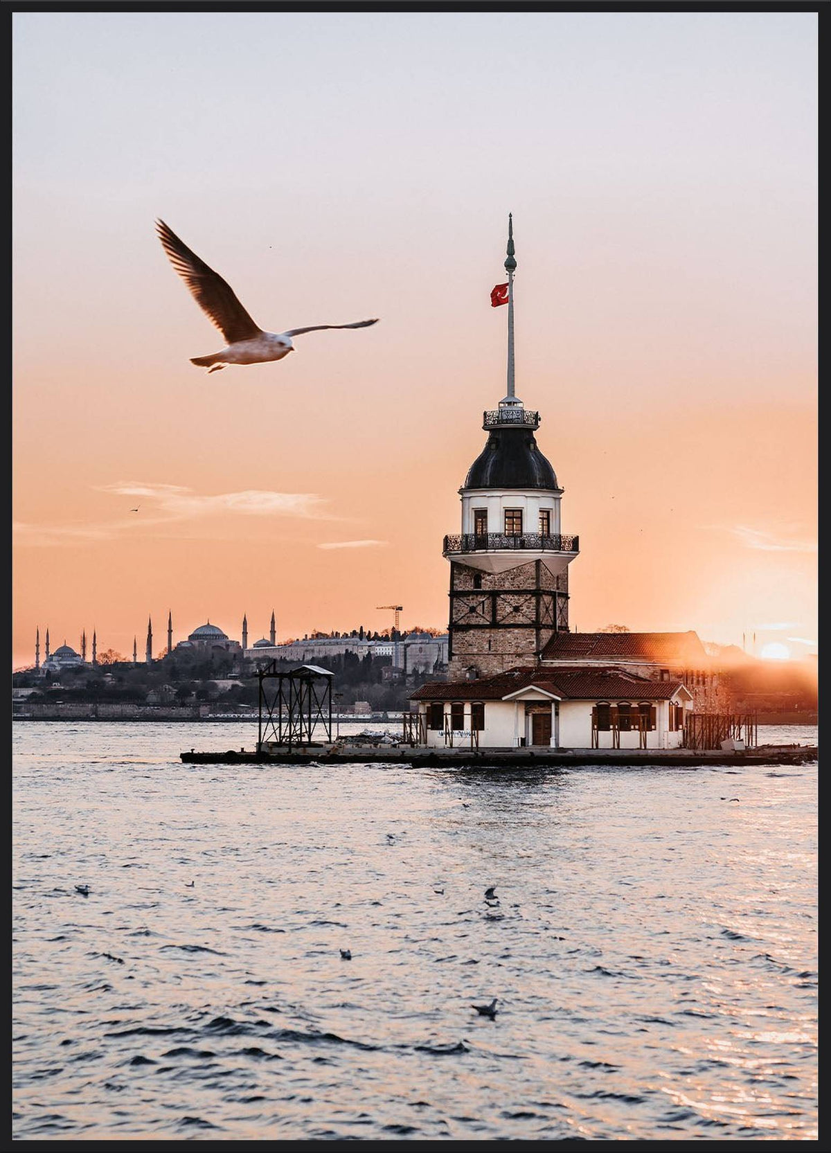 Mädchenturm Poster – Kız Kulesi im Bosporus bei Sonnenuntergang mit Möwe, Istanbul Fotografie