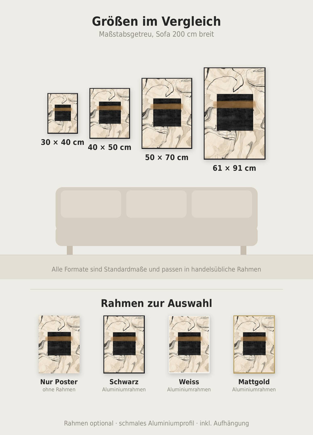 Kaaba Silhouette Poster im Größenvergleich von 30x40 bis 61x91 cm über einem Sofa, dazu die Rahmenfarben