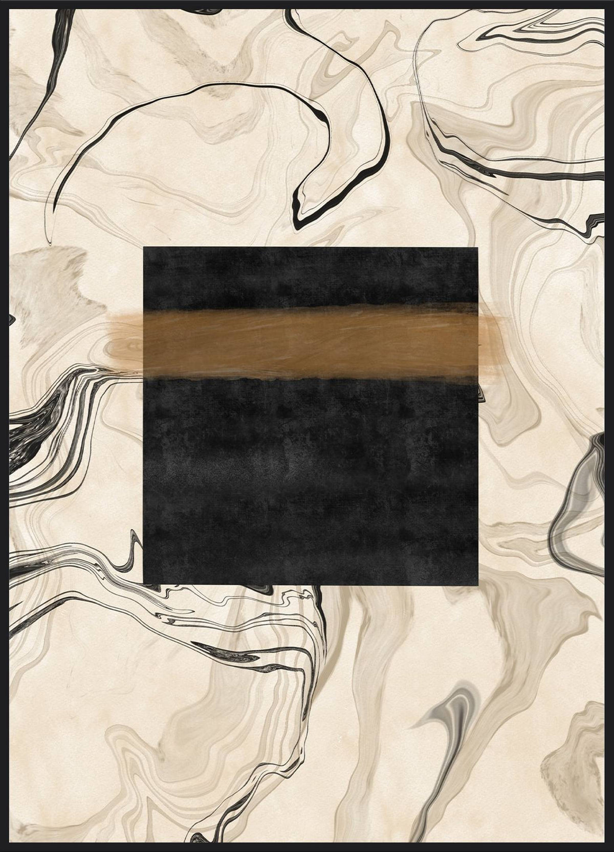Kaaba Silhouette Poster – schwarze Kaaba mit goldenem Band auf Marmorierung in Beige