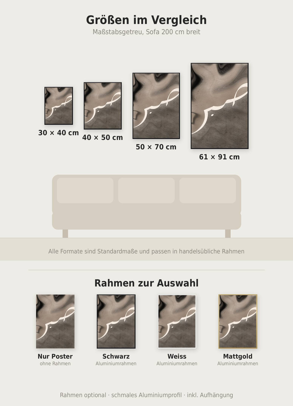 Marbling Sabr Poster im Größenvergleich von 30x40 bis 61x91 cm über einem Sofa, dazu die Rahmenfarben