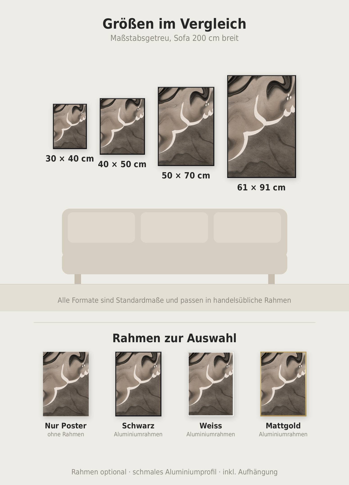 Marbling Syukr Poster im Größenvergleich von 30x40 bis 61x91 cm über einem Sofa, dazu die Rahmenfarben