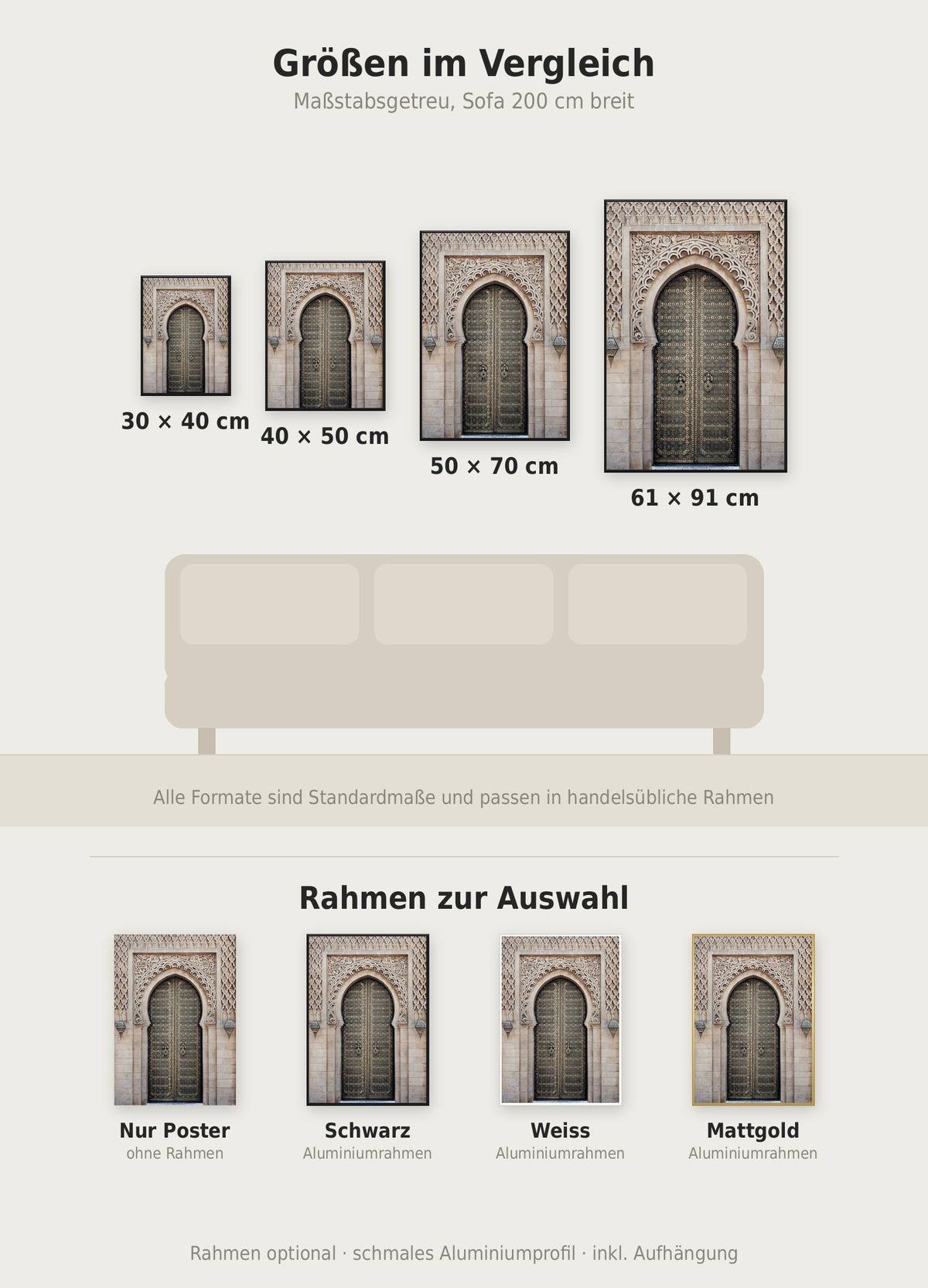 Marokkanische Tür Poster im Größenvergleich von 30x40 bis 61x91 cm über einem Sofa, dazu die Rahmenfarben