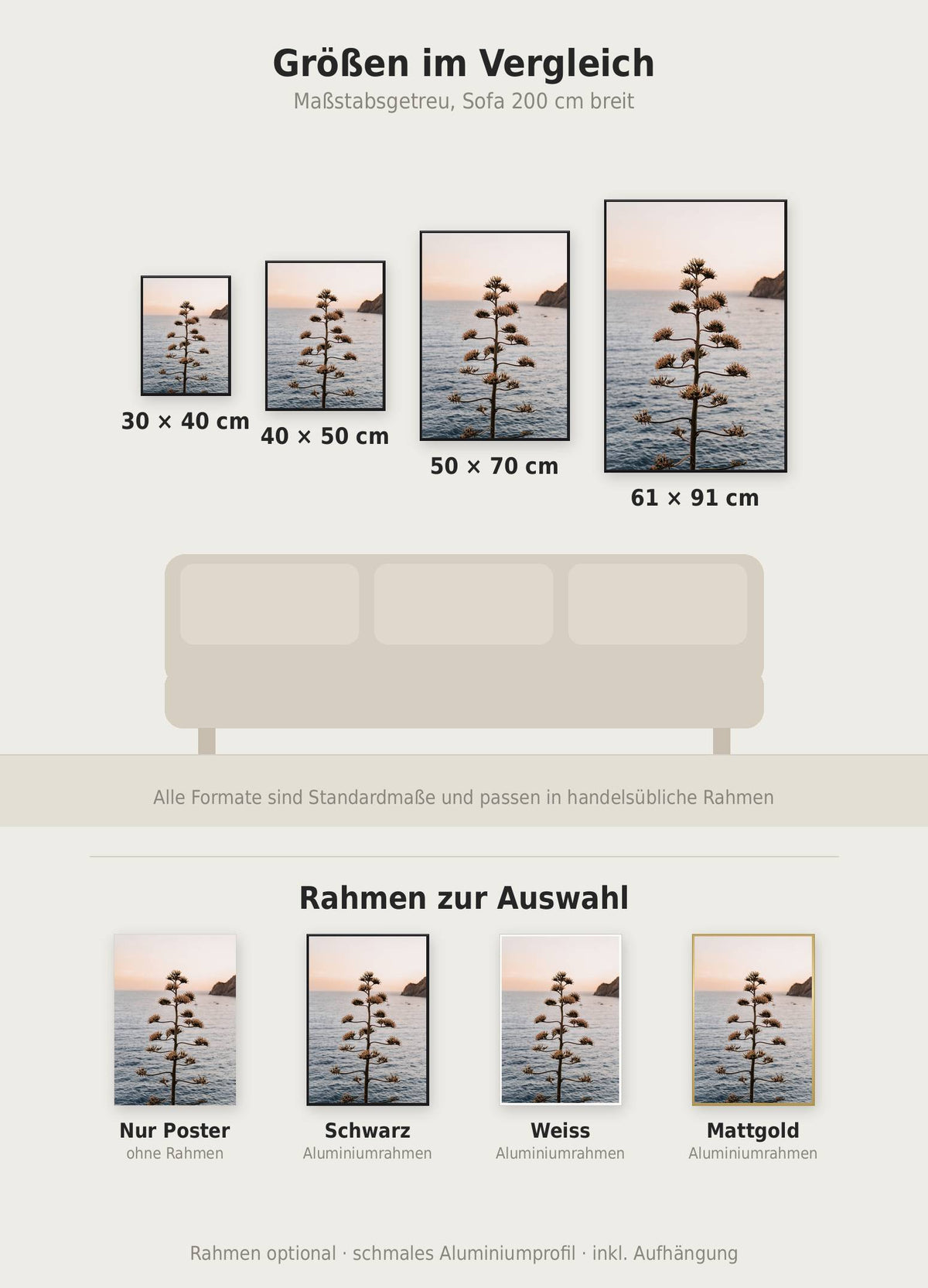 Monterosso al Mare Poster im Größenvergleich von 30x40 bis 61x91 cm über einem Sofa, dazu die Rahmenfarben