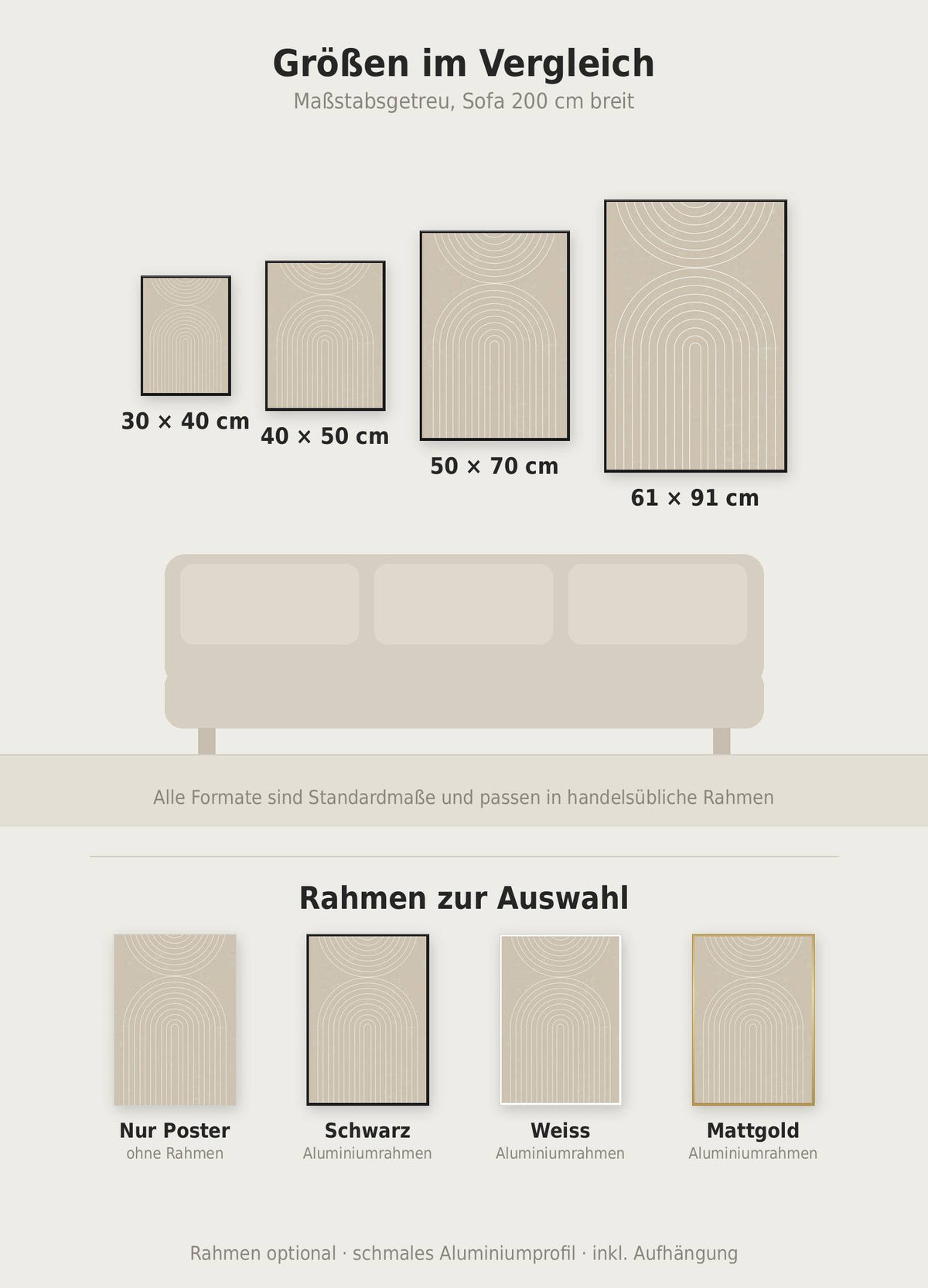 Mounament Poster im Größenvergleich von 30x40 bis 61x91 cm über einem Sofa, dazu die Rahmenfarben