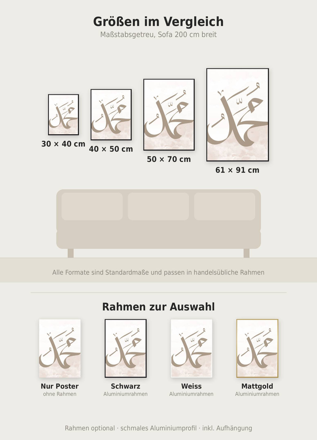 Muhammad Poster im Größenvergleich von 30x40 bis 61x91 cm über einem Sofa, dazu die Rahmenfarben
