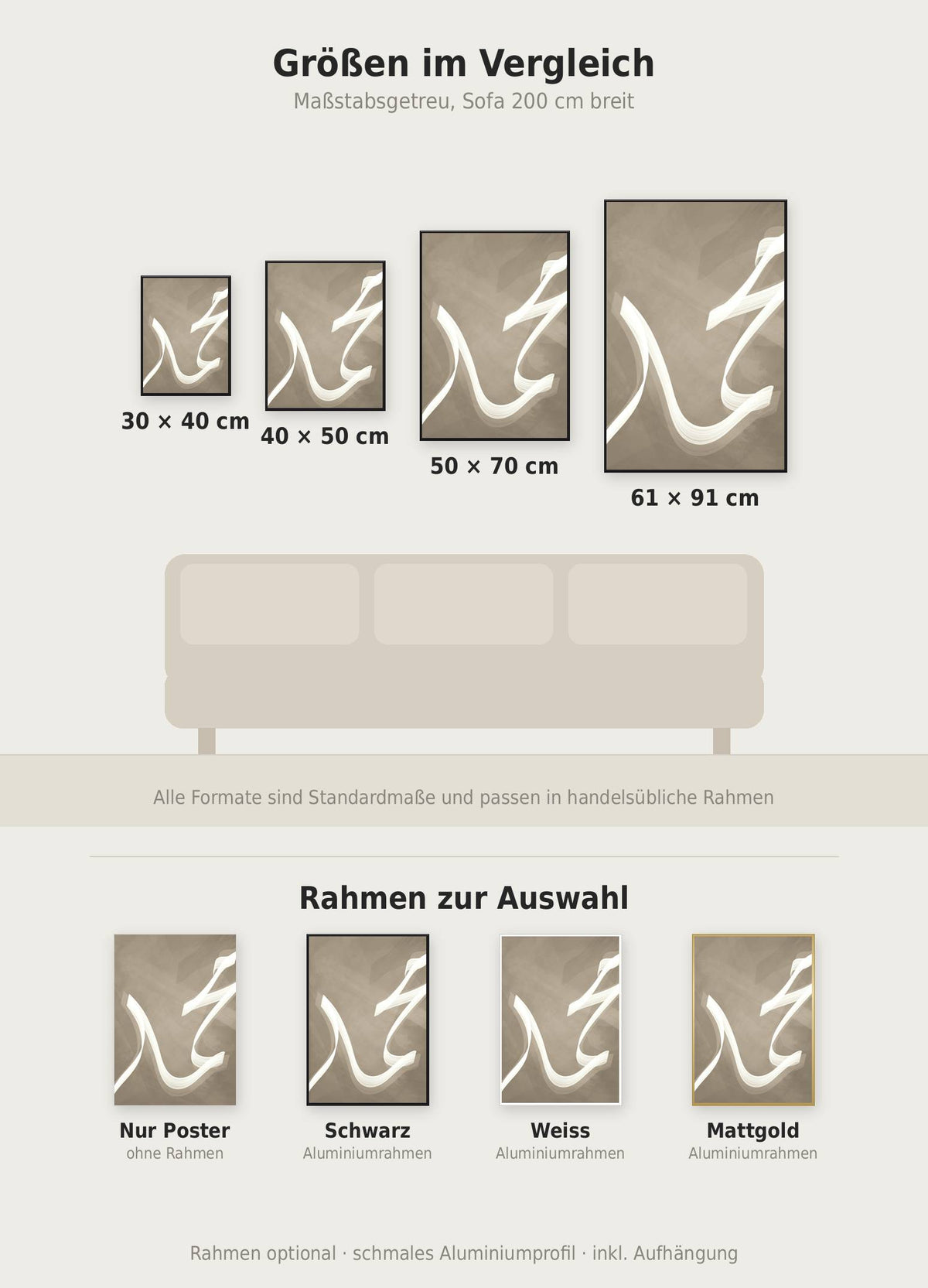 Muhammad Poster im Größenvergleich von 30x40 bis 61x91 cm über einem Sofa, dazu die Rahmenfarben
