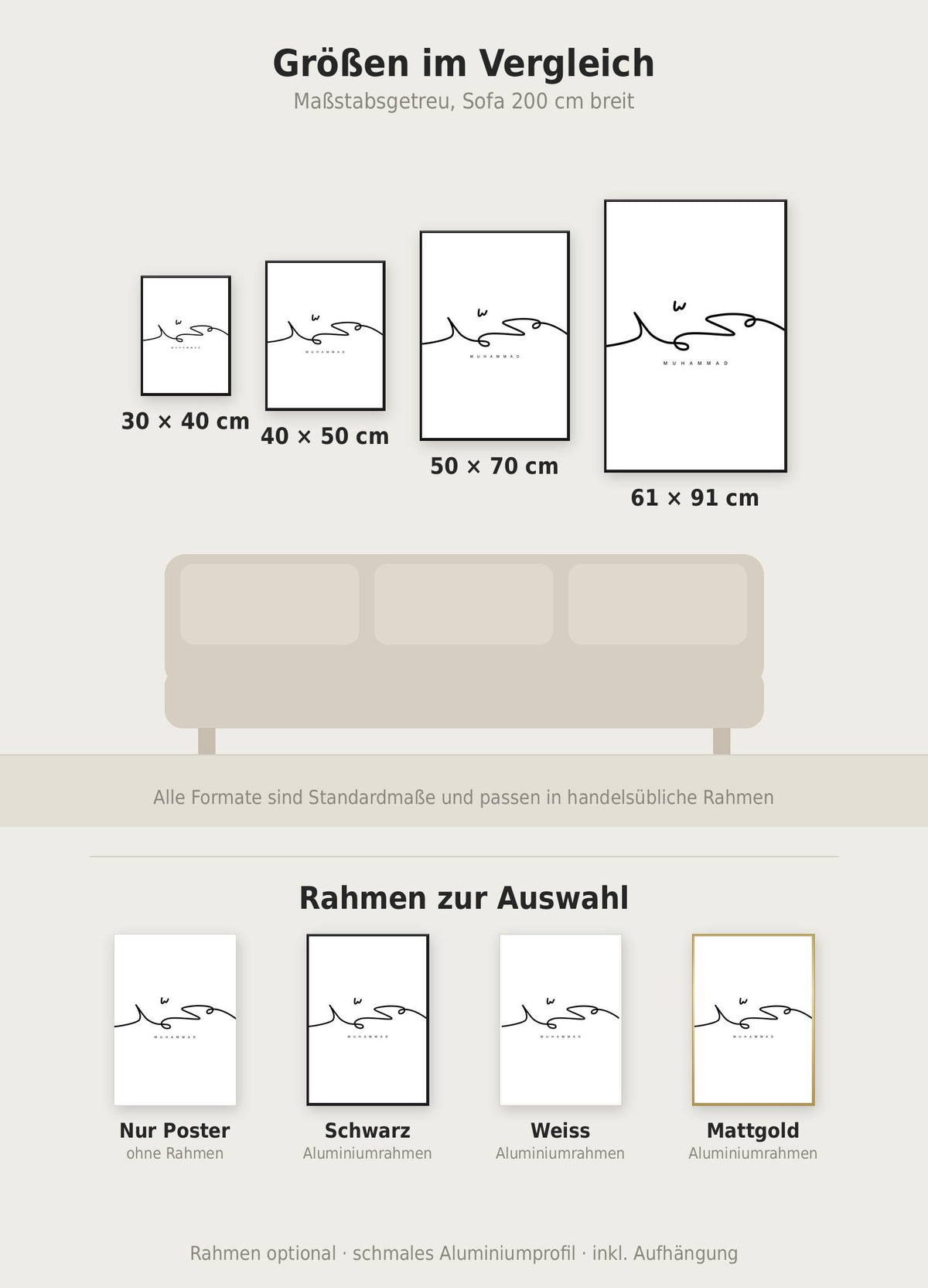 Muhammad Line Art Poster im Größenvergleich von 30x40 bis 61x91 cm über einem Sofa, dazu die Rahmenfarben