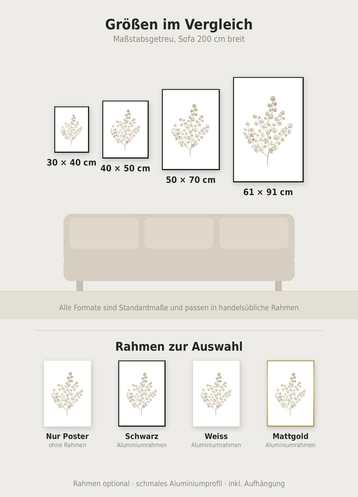 Nordische Pflanze Poster im Größenvergleich von 30x40 bis 61x91 cm über einem Sofa, dazu die Rahmenfarben