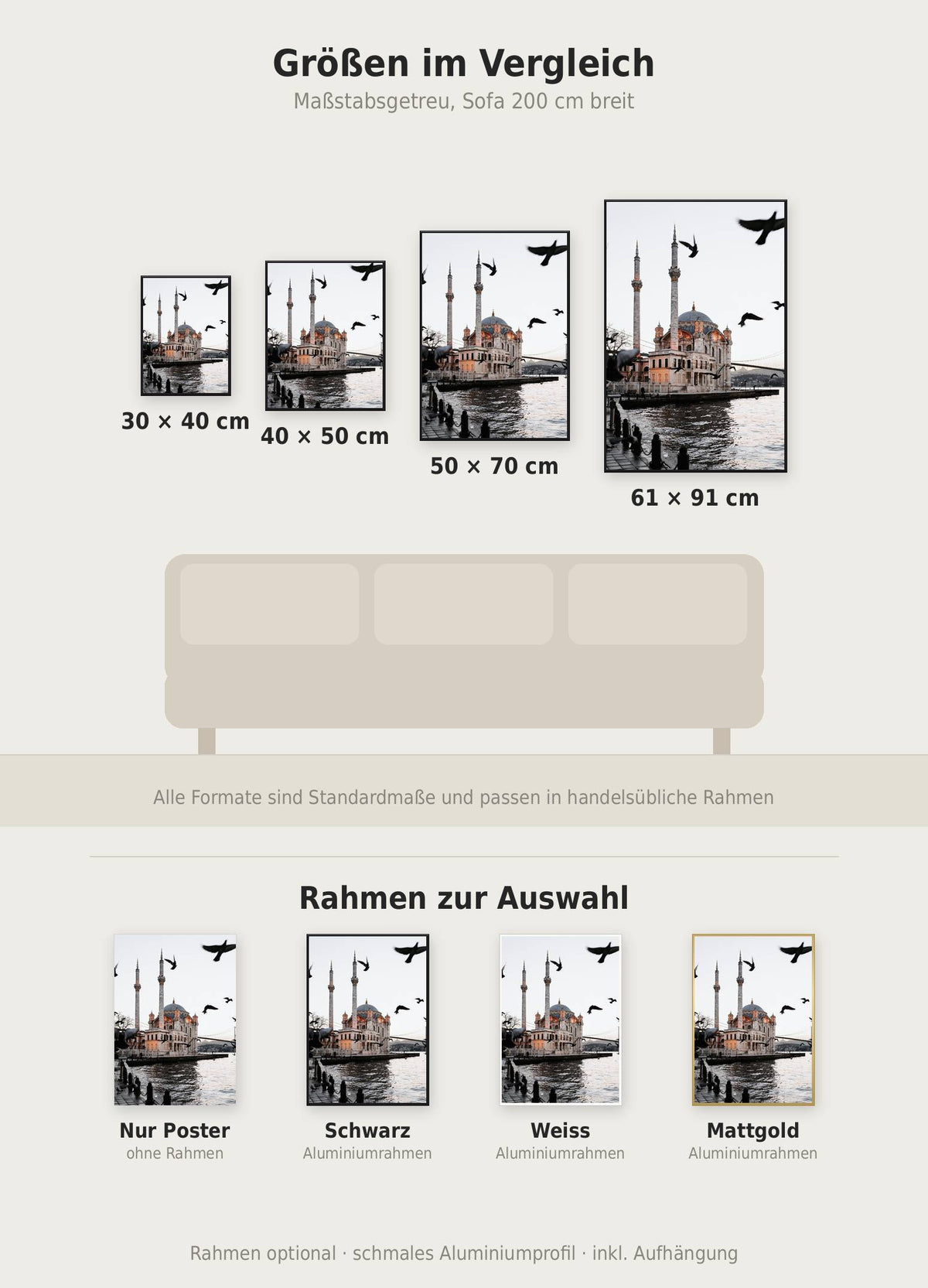 Ortaköy Moschee Poster im Größenvergleich von 30x40 bis 61x91 cm über einem Sofa, dazu die Rahmenfarben