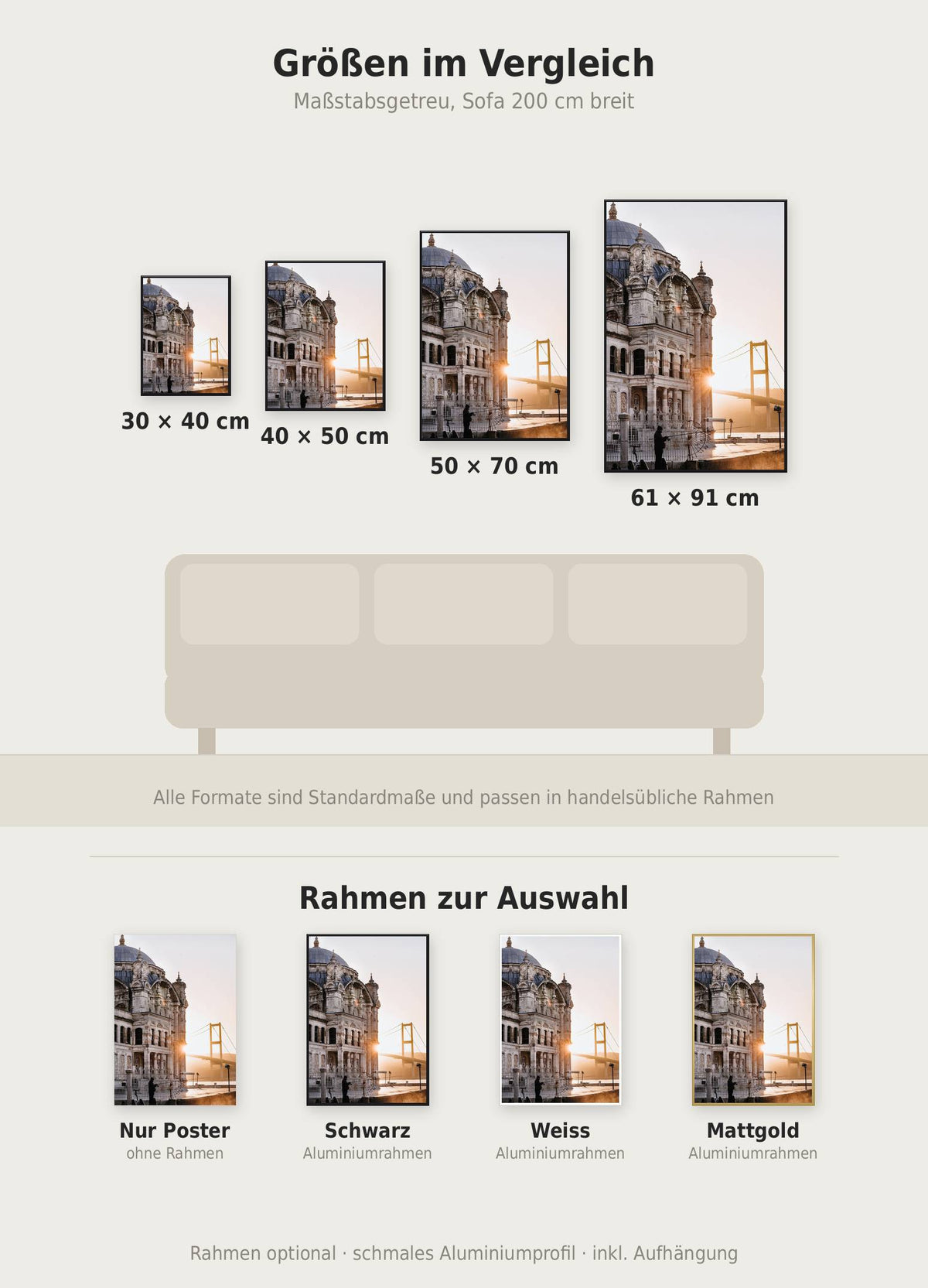 Ortaköy Poster im Größenvergleich von 30x40 bis 61x91 cm über einem Sofa, dazu die Rahmenfarben