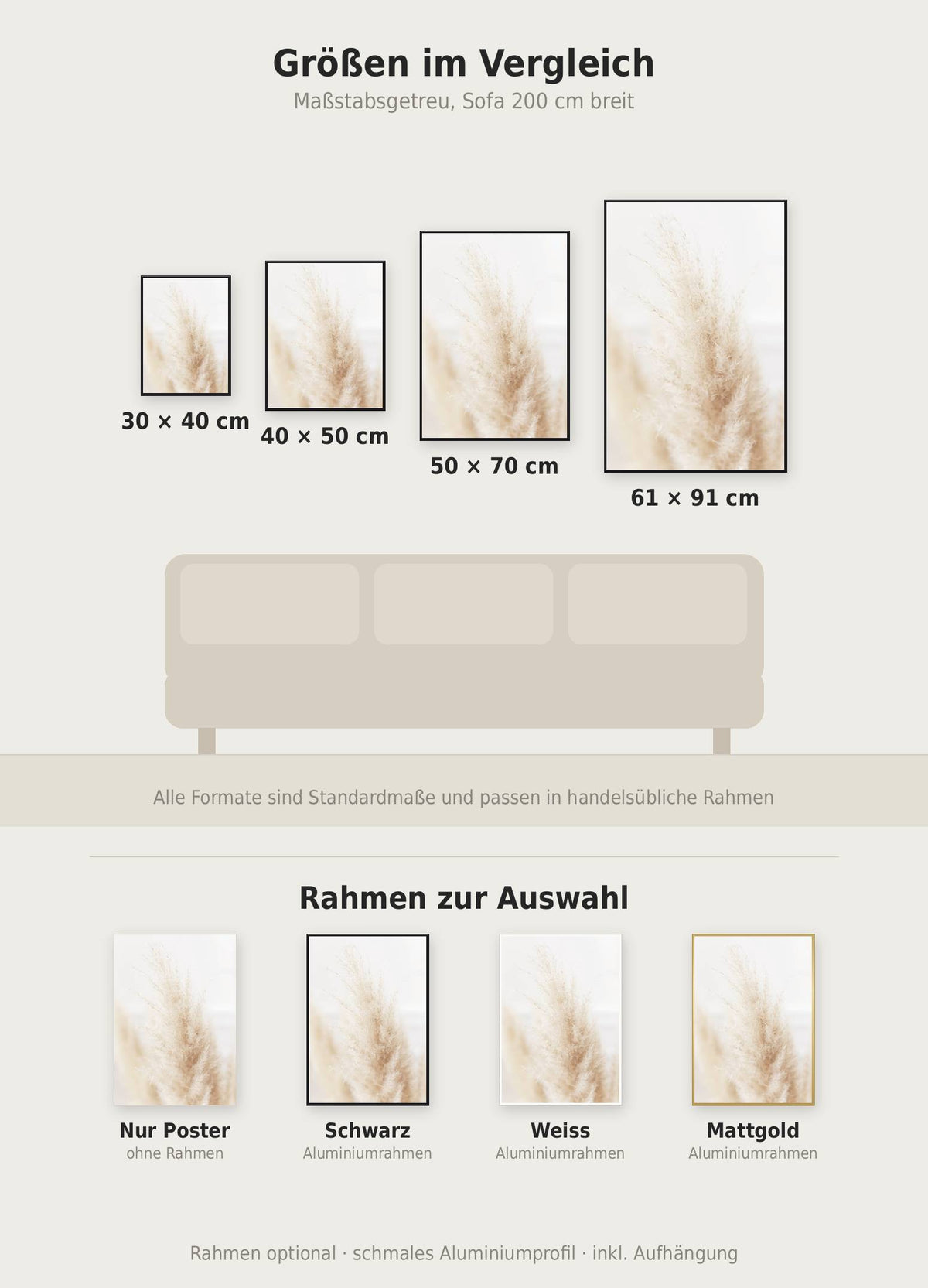 Pampas Hell Poster im Größenvergleich von 30x40 bis 61x91 cm über einem Sofa, dazu die Rahmenfarben