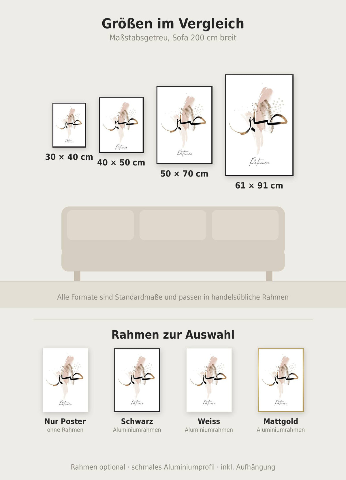 Patience Poster im Größenvergleich von 30x40 bis 61x91 cm über einem Sofa, dazu die Rahmenfarben