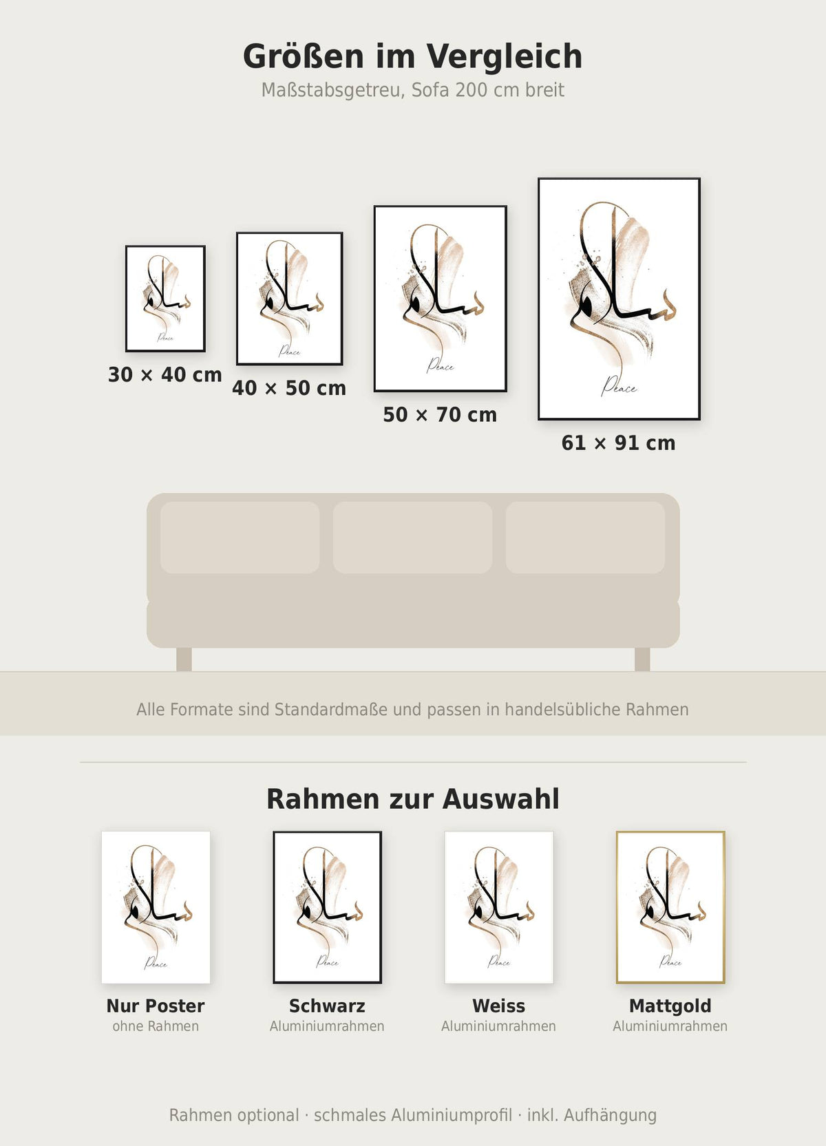 Peace Poster im Größenvergleich von 30x40 bis 61x91 cm über einem Sofa, dazu die Rahmenfarben