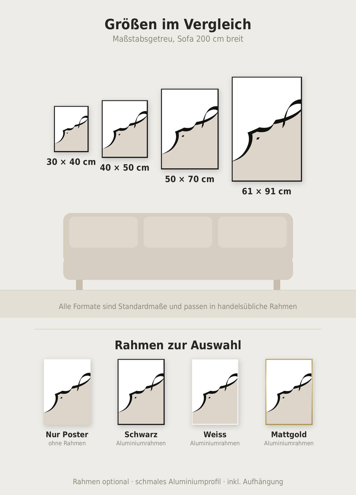 Sabr Poster im Größenvergleich von 30x40 bis 61x91 cm über einem Sofa, dazu die Rahmenfarben